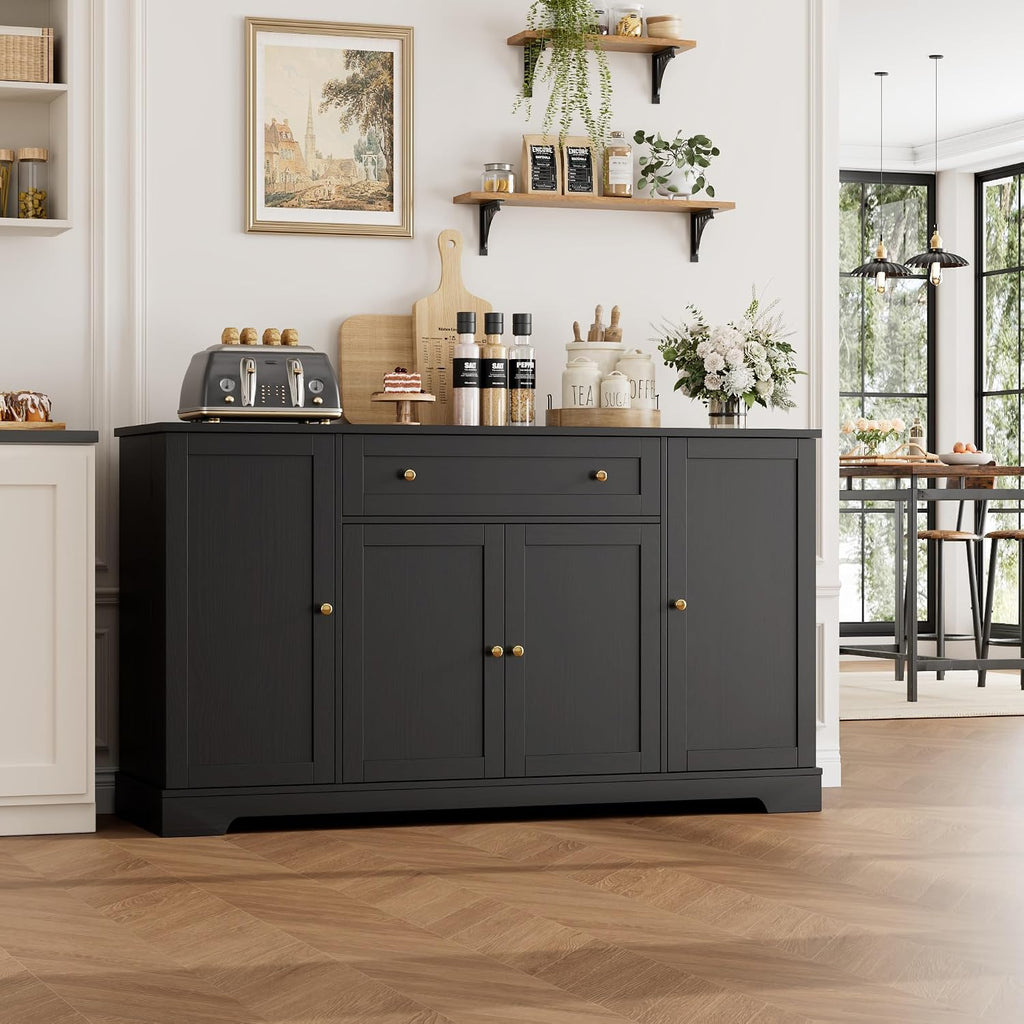 HITHOS 54' Buffet Cabinet with Storage, Modern Kitchen Buffet Sideboard with Drawer, Wood Coffee Bar with Adjustable Shelves, Kitchen Storage Cabinet for Living Room, Black
