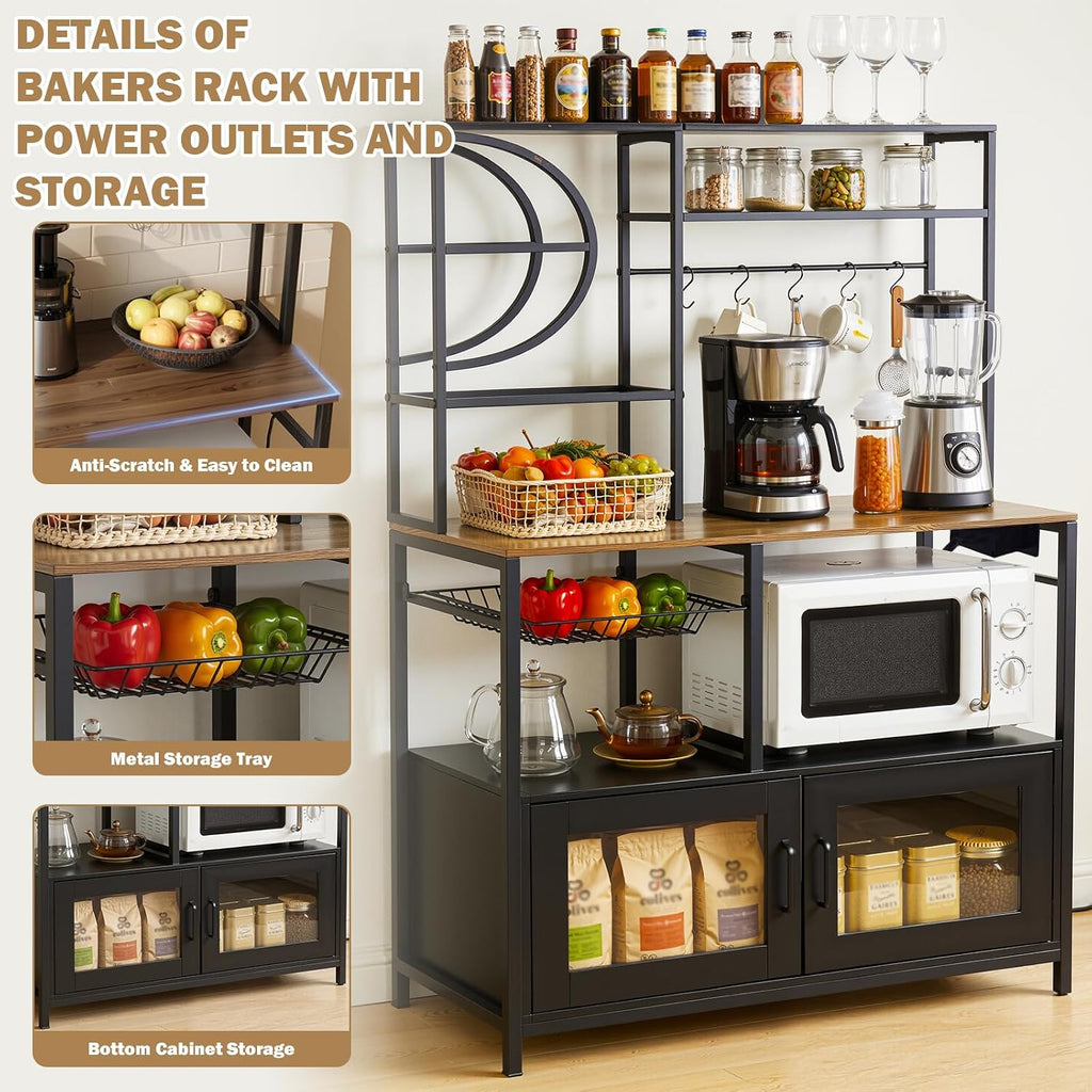 Uieke Bakers Rack with Power Outlet and Storage, Kitchen Bakers Rack with Cabinet & 10 Hooks, Coffee Bar Cabinet, Microwave Stand, 5 Tiers Kitchen Storage Rack for Dining Room & Small Spaces, Black