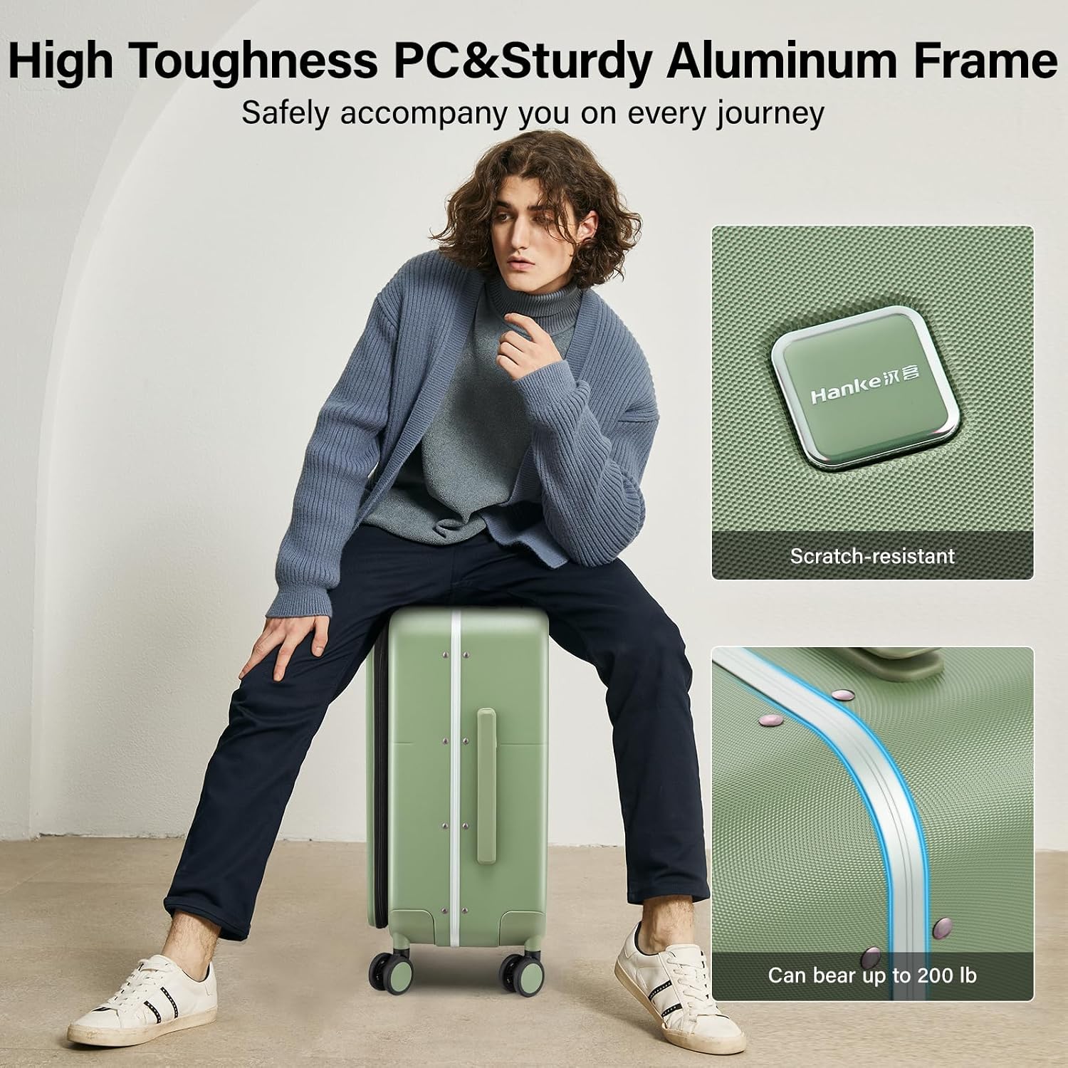 Hanke 24 Inch Checked Luggage with Cup Holder and USB Ports,Top Opening Hard Shell Suitcase with Wheels,Aluminum Frame Trunk Luggage with Foldable Dividers & TSA Lock for Travel, Bamboo Green