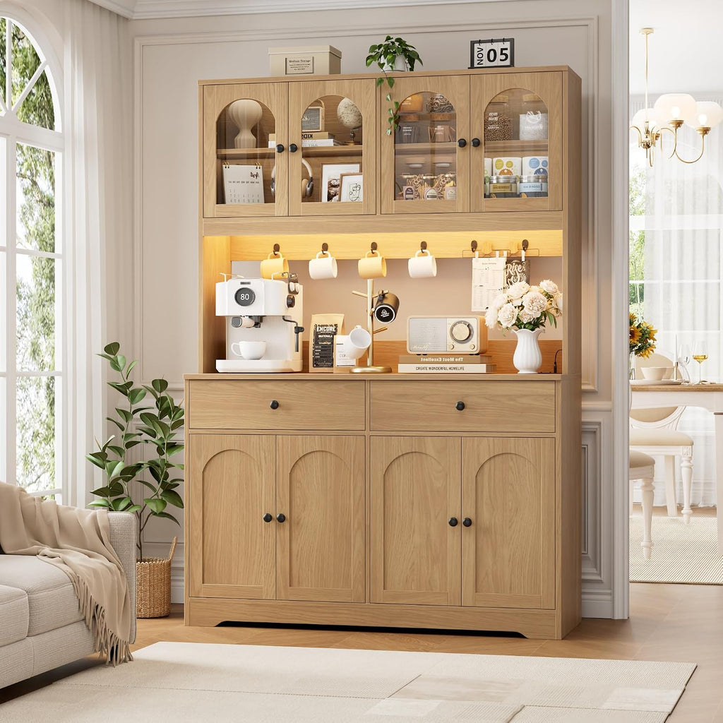 HIFIT 71' LED Kitchen Pantry Cabinet with Power Outlet, Large Kitchen Hutch Storage Cabinet with Arched Door & Shelves & 2 Drawers, Tall Modern Coffee Bar w/Hutch for Home Dining Living Room, Natural