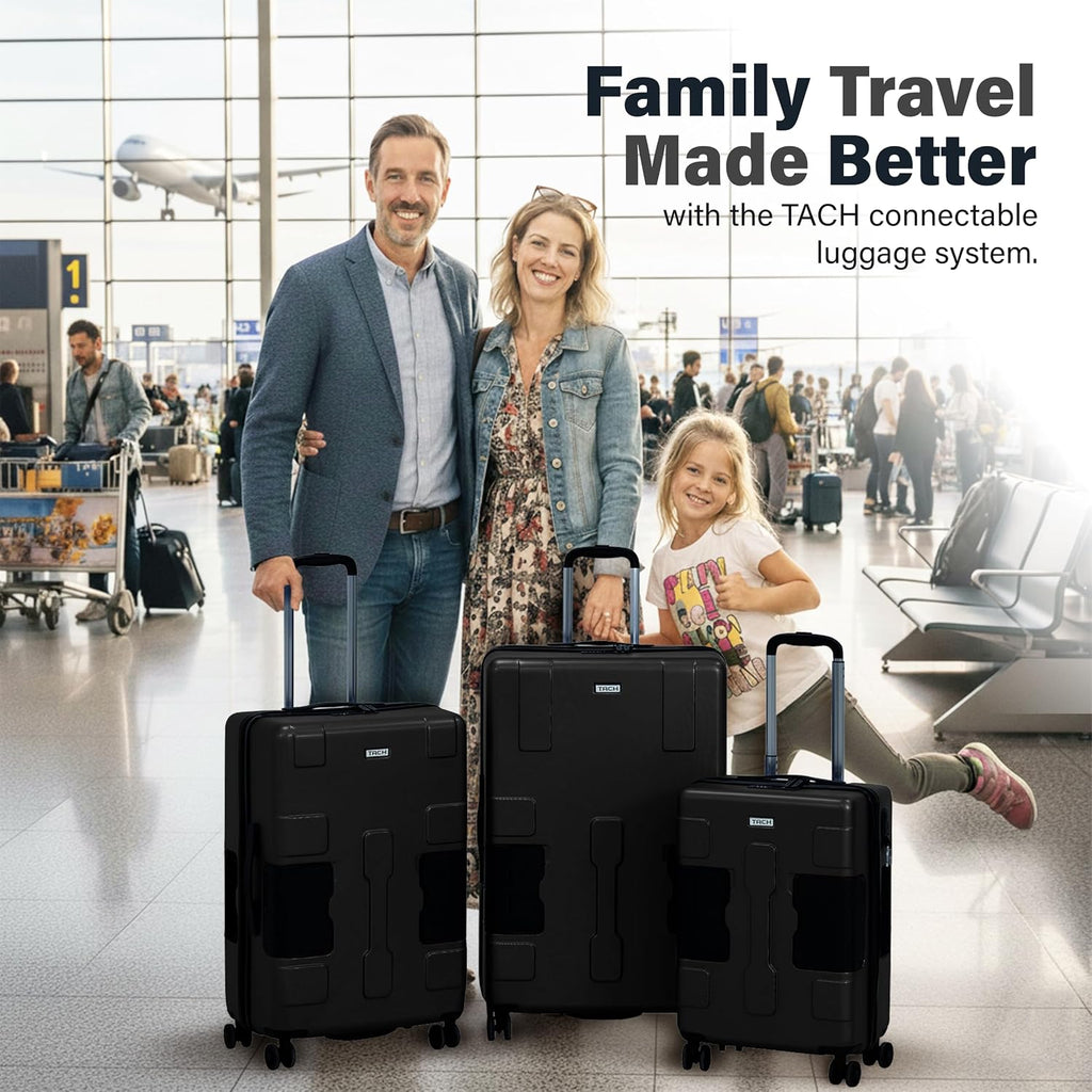 TACH Patented Connecting Hard Shell 3 Piece Luggage Set - 20, 24 & 28 inch Luggage | Carry-On, Medium & Large Rolling Suitcases - Black