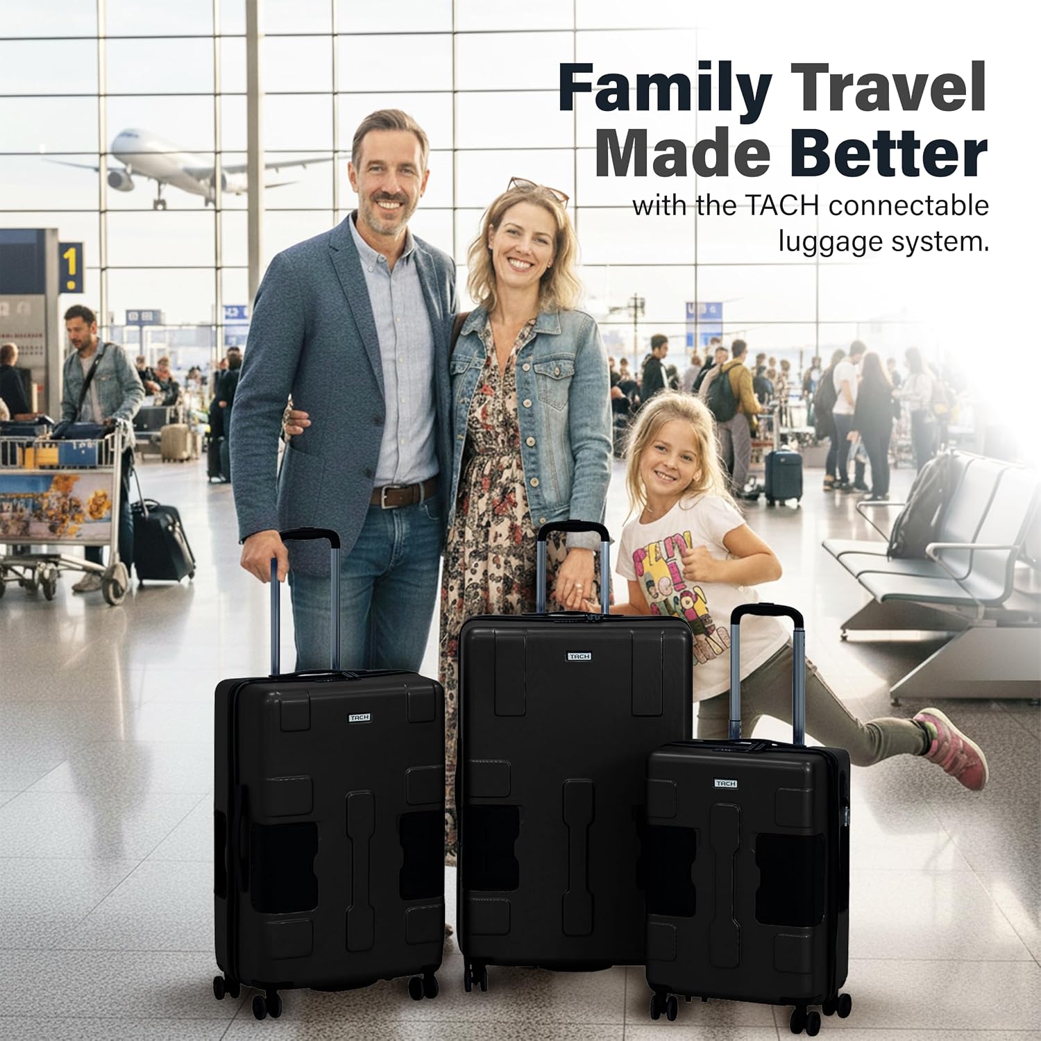 TACH Patented Connecting Hard Shell 3 Piece Luggage Set - 20, 24 & 28 inch Luggage | Carry-On, Medium & Large Rolling Suitcases - Black