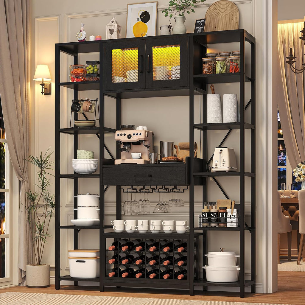 Nosepen 65.35 Inch Large Bakers Rack with Power Outlet and LED Light, 6-Tier Microwave Stand with Doors, Open Countertop and Storage Shelves, Farmhouse Coffee Bar Cabinet Station with Wine Rack, Black