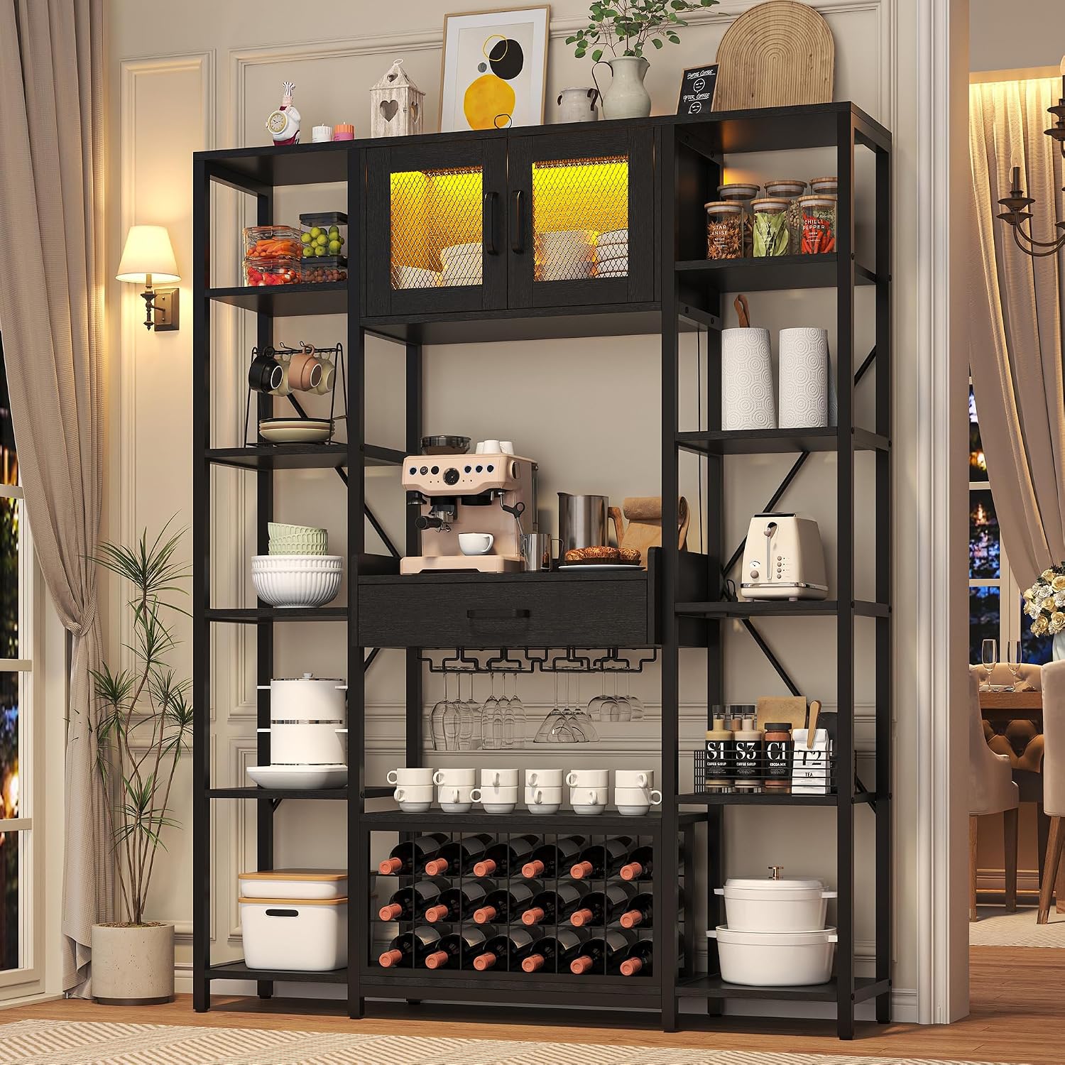 Nosepen 65.35 Inch Large Bakers Rack with Power Outlet and LED Light, 6-Tier Microwave Stand with Doors, Open Countertop and Storage Shelves, Farmhouse Coffee Bar Cabinet Station with Wine Rack, Black