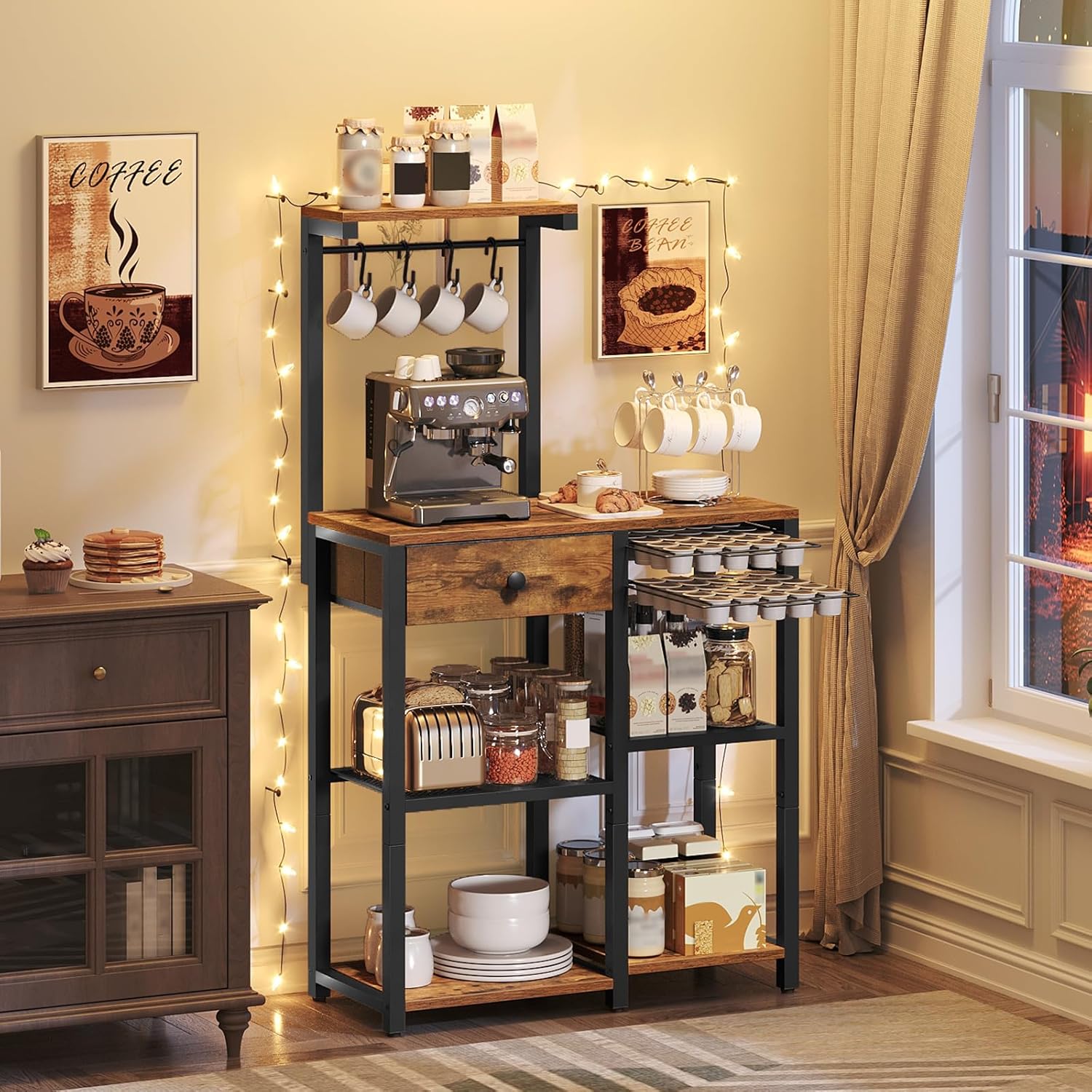 YATINEY Bakers Rack with Power Outlet, Microwave Stand with Paper Holder, Bakers Rack with Storage, HB02UBR-KF60BRY1