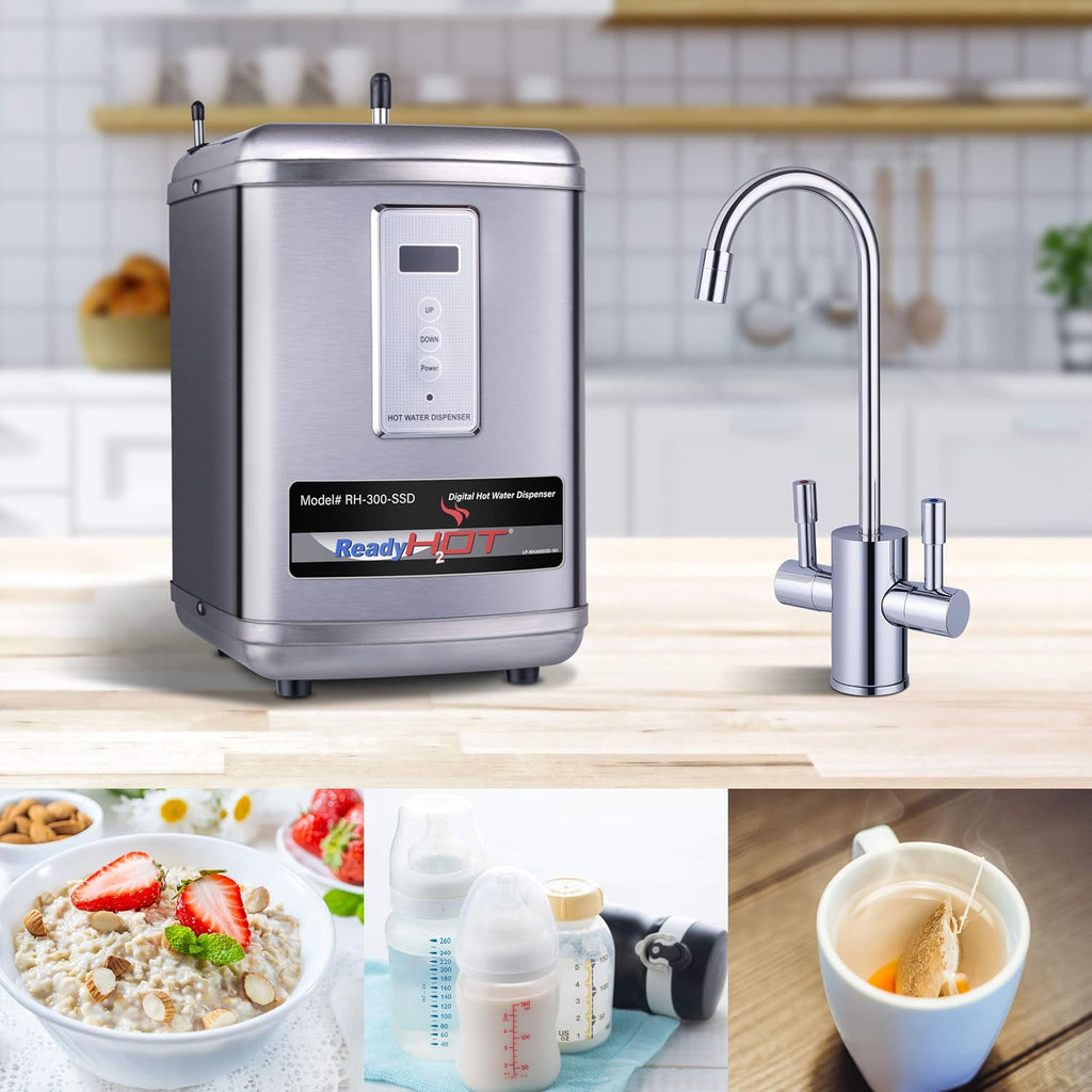 Ready Hot 41-RH-300-F560-CH Instant Hot Water Dispenser System, 2.5 Quarts, Digital Display Dual Lever Hot and Cold Water Faucet Polished Chrome
