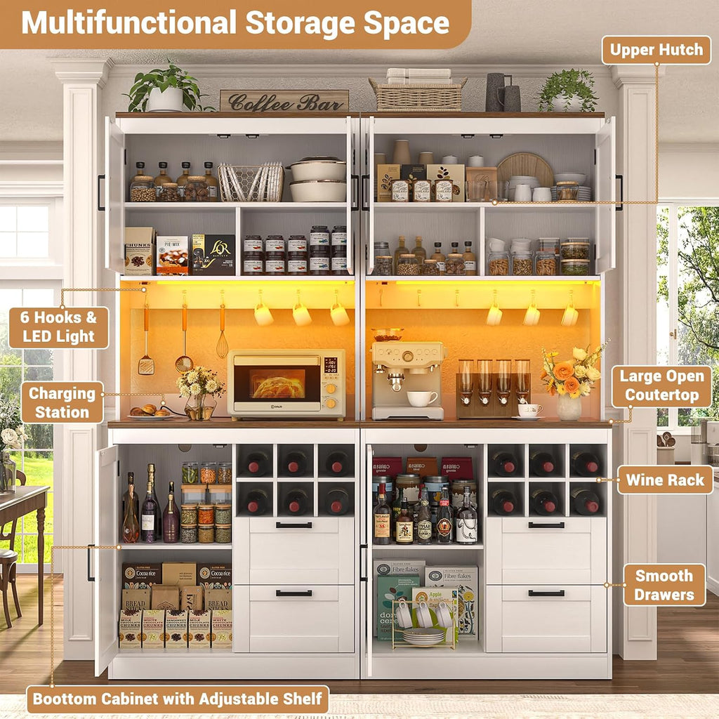 Unikito 72' Tall Pantry Cabinet, Kitchen Pantry Storage Cabinet with LED Light & Outlet, 63' Wide Kitchen Hutch Bar with Microwave Stand, Drawers, Wine Rack & Shelves, Cupboard for Dining Room, White