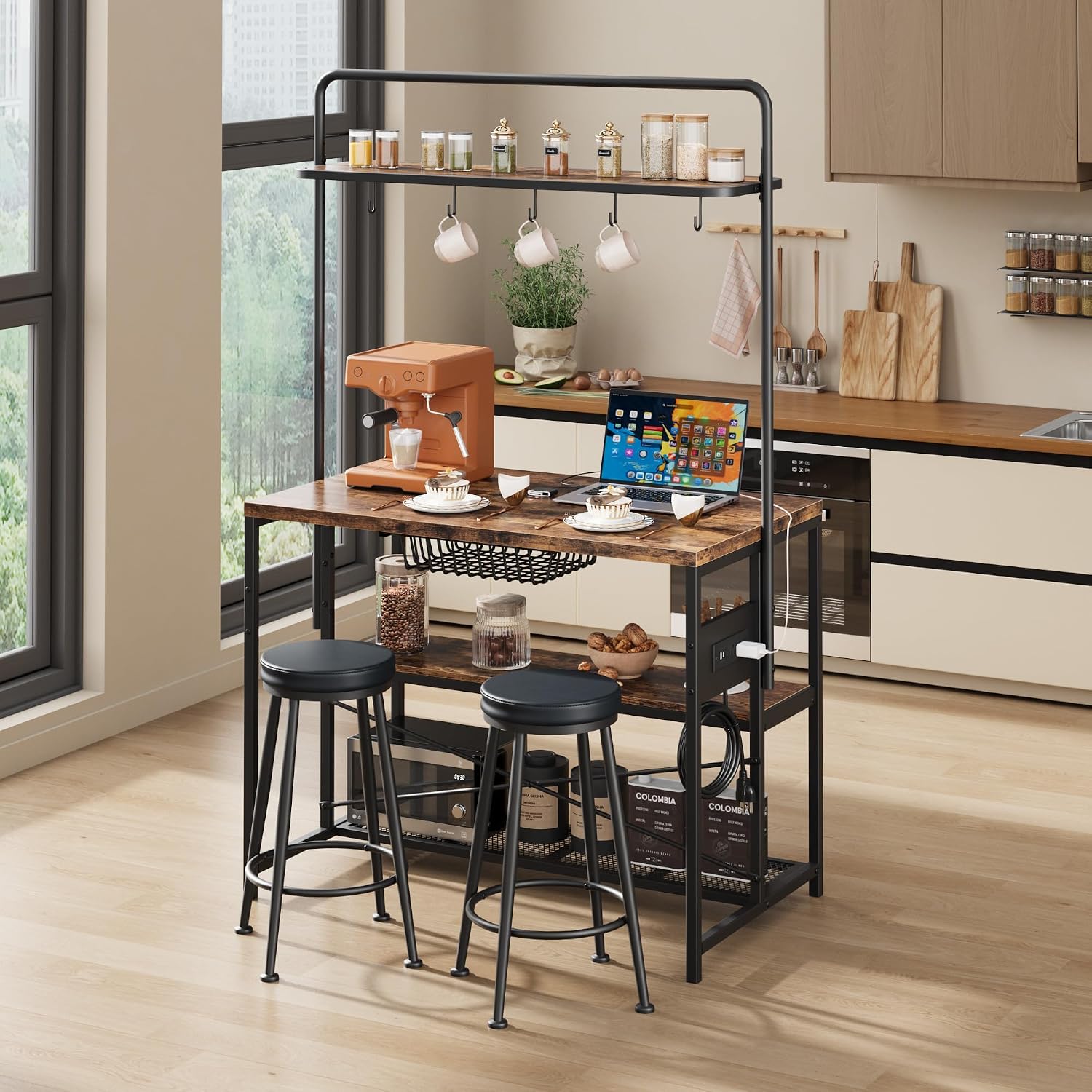 GAOMON 42' Kitchen Island Table Baker Rack with Power Outlet & 2 Bar Stools, Kitchen Storage Shelf with 3-Tier Storage & 5 Hooks, Microwave Stand Coffee Bar Table for Dining Living Room (Vintage)