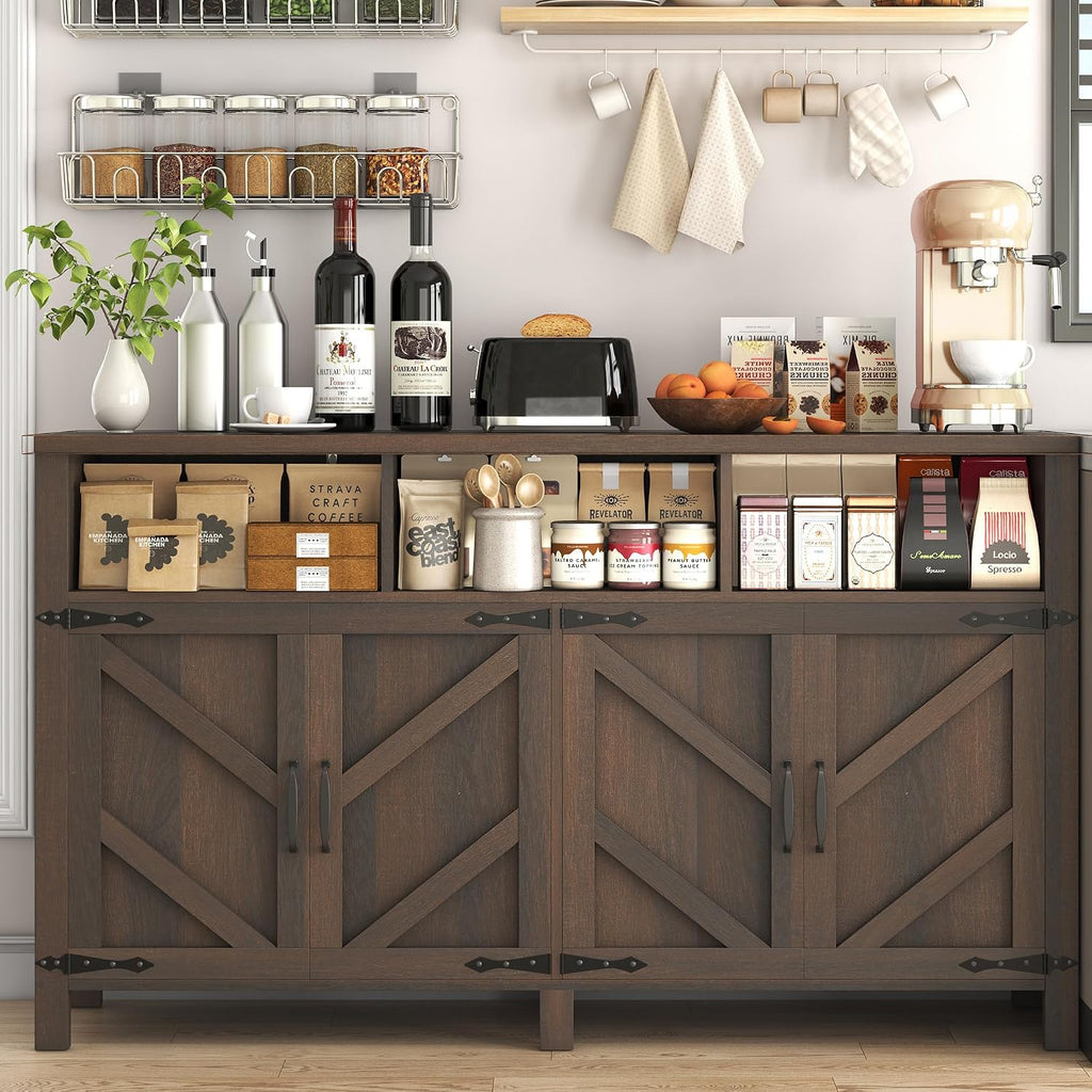 knoworld Buffet Sideboard with Storage Farmhouse with 4 Doors, 55'' Large Kitchen Storage Cabinet Wood Coffee Bar Cabinet Buffet Table with Shelves for Kitchen, Dining Room, Entryway (Brown, 55in)