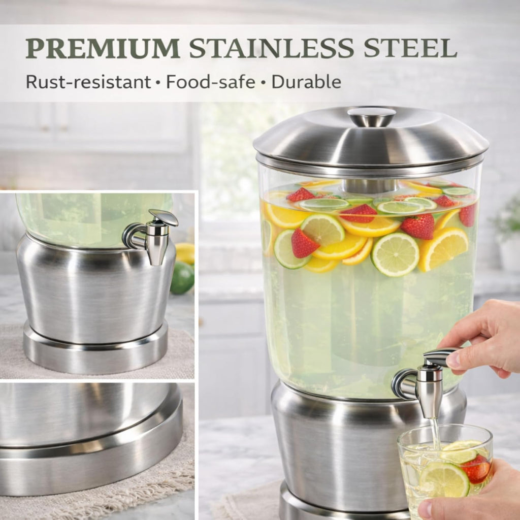 Drink Dispenser with Ice Chambers, Lemonade Tea Water Dispenser with Spigot, Stainless Steel Beverage Jar Jug, Perfect for Home Parties, Weddings, Gifts & Events (Silver, 5, Gallons)