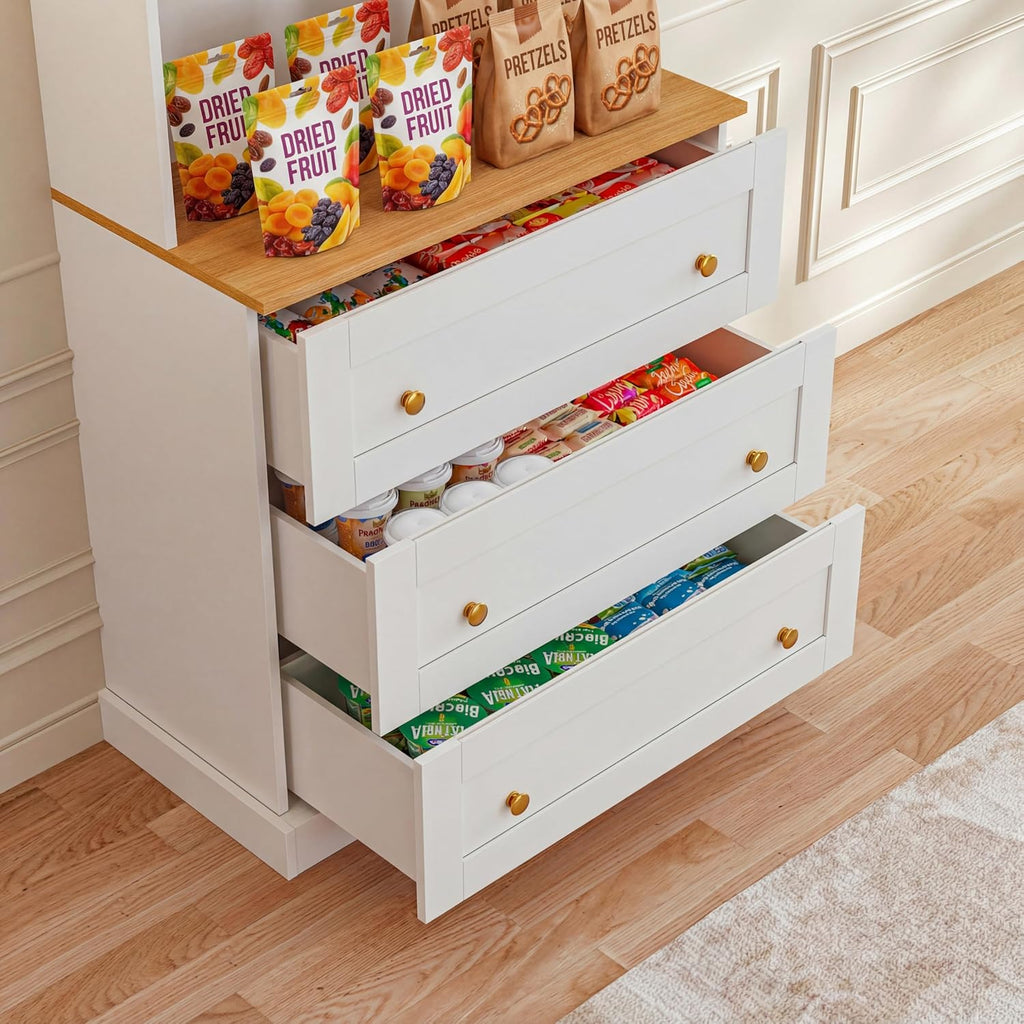 ivaniti 71' Farmhouse Kitchen Pantry Cabinet Set of 3, White Freestanding Coffee Bar Hutch with Glass Doors, Drawers & Adjustable Shelves, Large Storage Cabinet with Microwave Stand for Kitchen