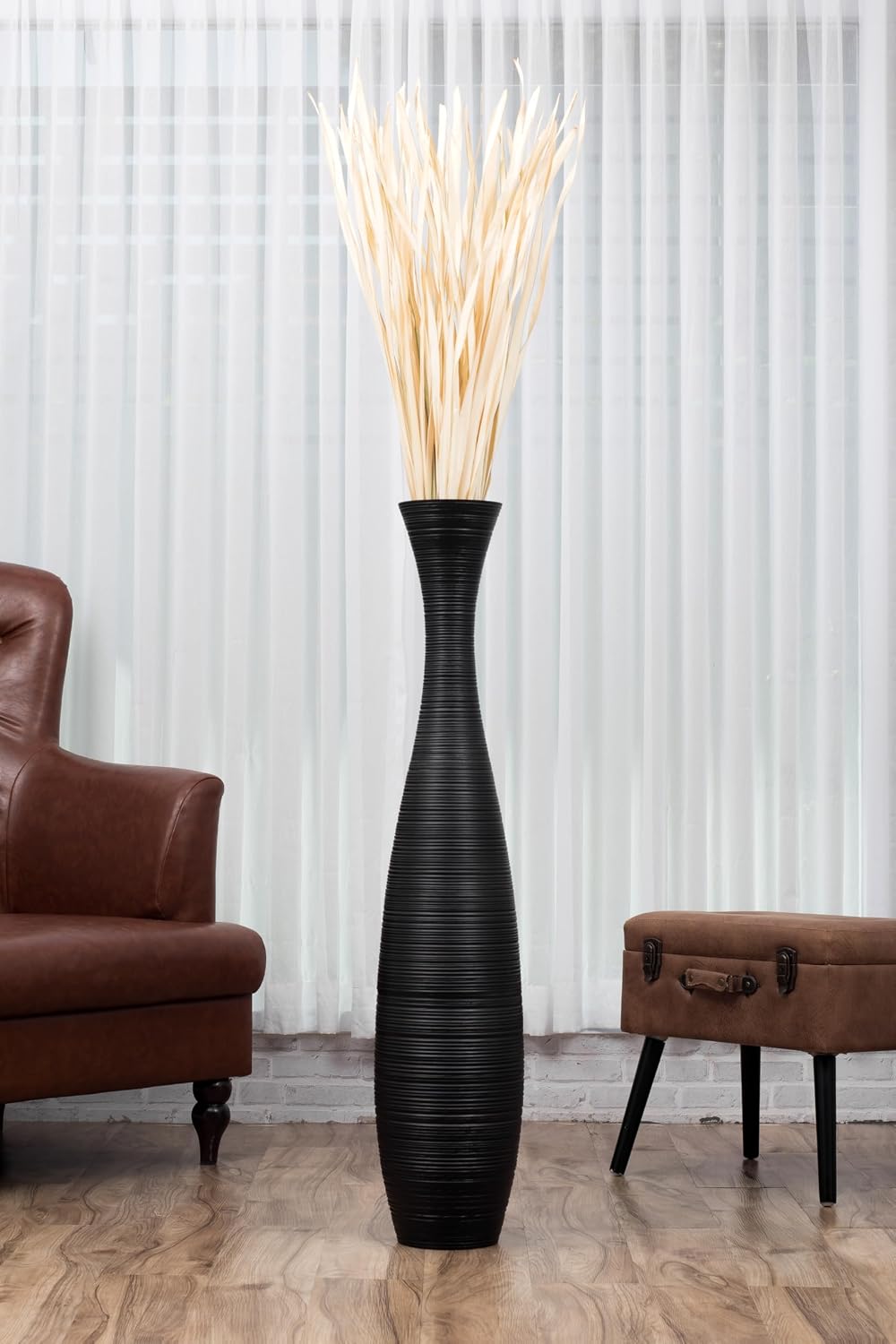 Leewadee Large Black Home Decor Floor Vase - Wooden 41 inch Tall Farmhouse Decor Flower Holder for Fake Plant and Pampas Grass