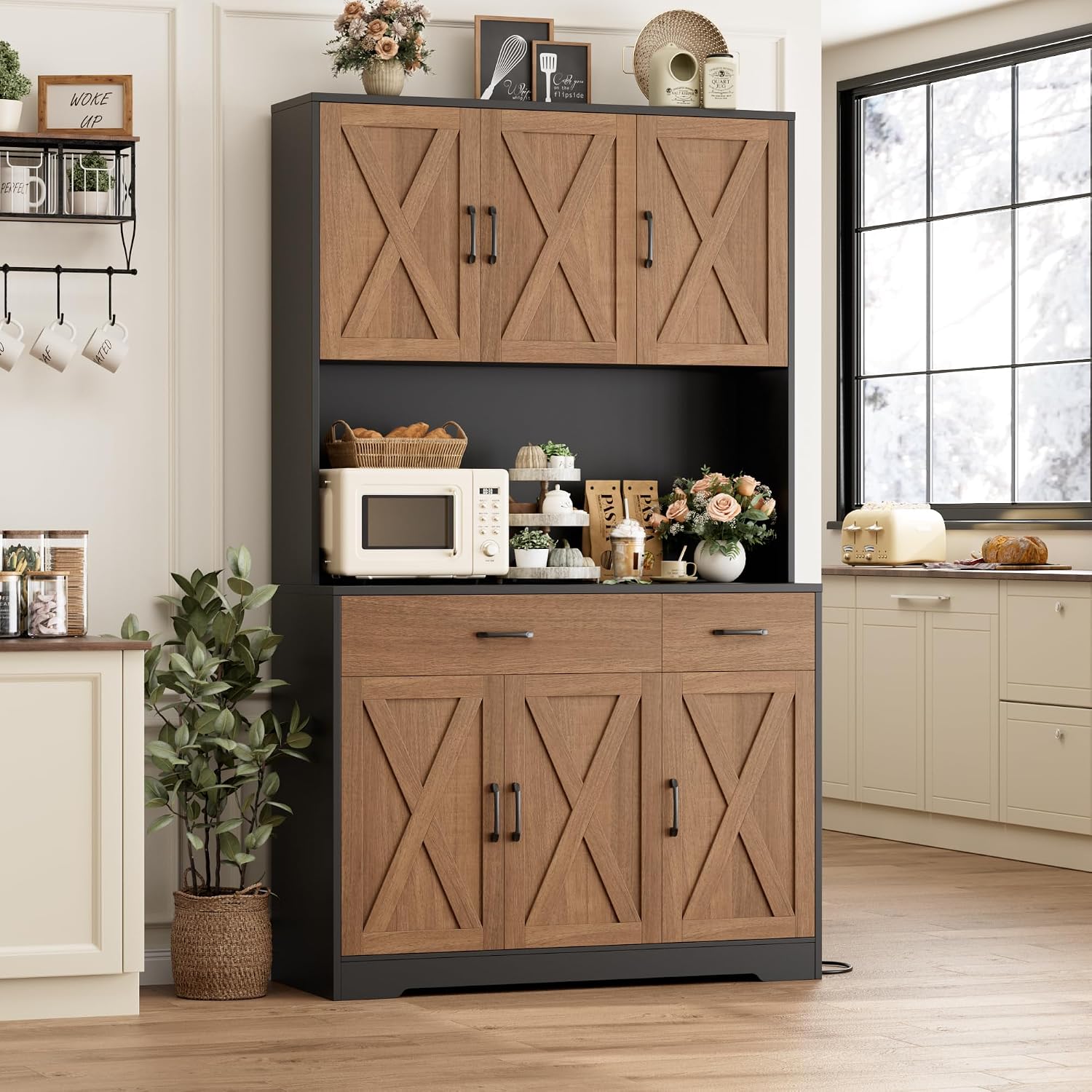 HOSTACK 71' Pantry Cabinet with Charging Station, Tall Kitchen Pantry Storage Cabinet with Microwave Stand, Farmhouse Kitchen Hutch with Storage Drawers for Living Room, Dining Room, Brown/Black