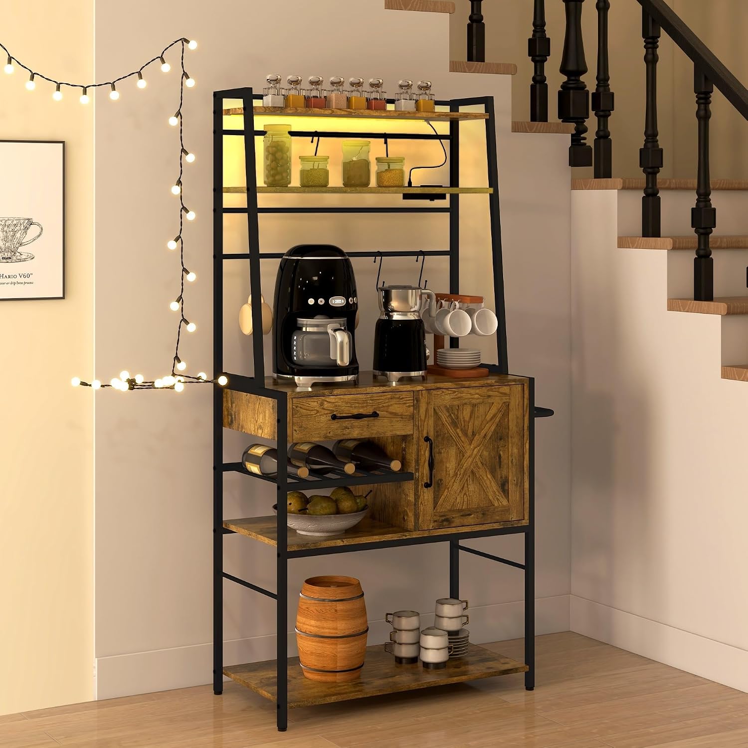 Baker's Rack with Power Outlet and LED Lights, Coffee Bar with Storage Shelves, Industrial Microwave Stand with Wine Bottle Rack, Drawer, Barn Door Cabinet, Rustic Brown