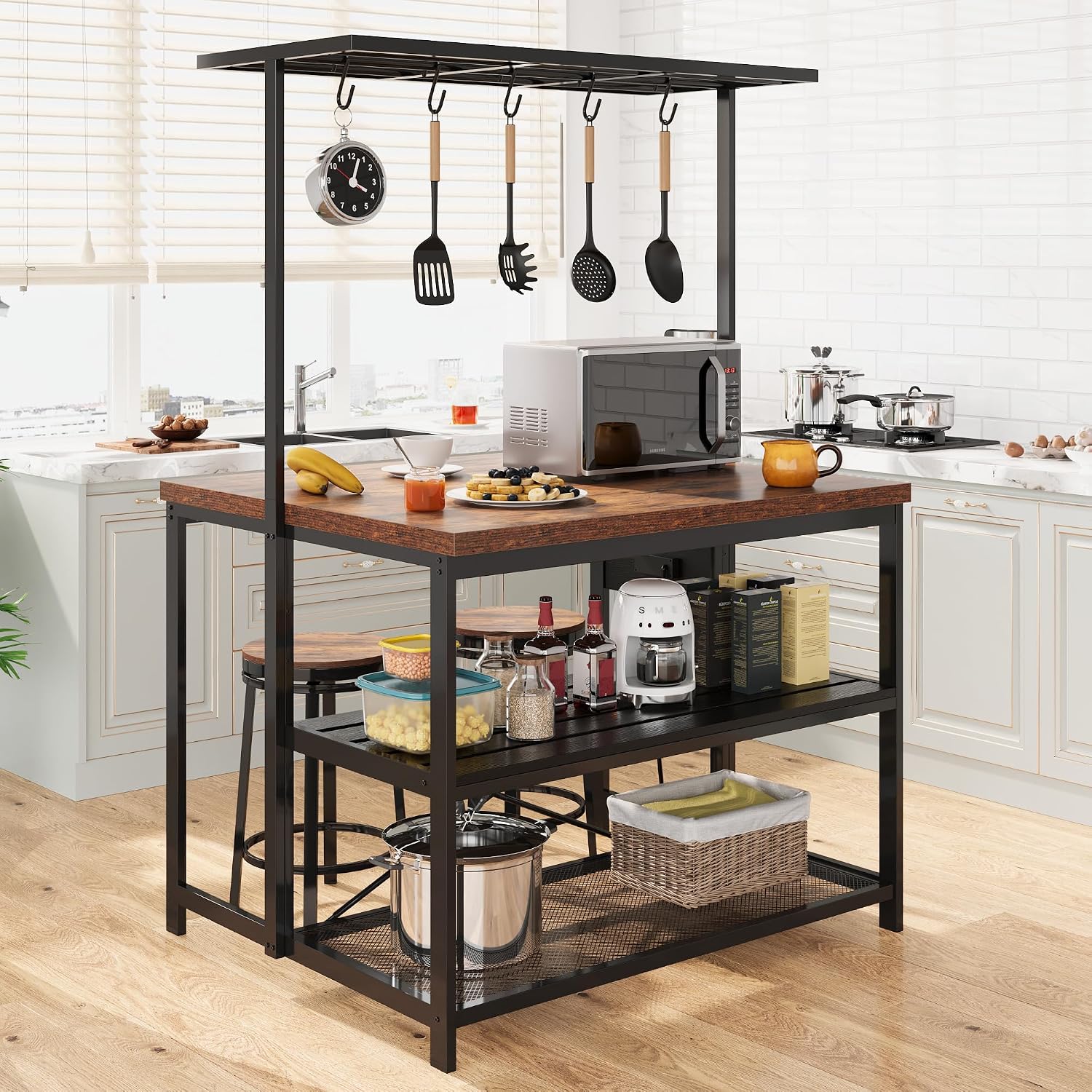 TrailBlaze Kitchen Island with Storage & Power Outlet – 3-Tier Bakers Rack, Microwave Stand, Coffee Bar Table, 5 Hooks, Open Shelves, Industrial Organizer for Dining or Living Room, Vintage Color Top