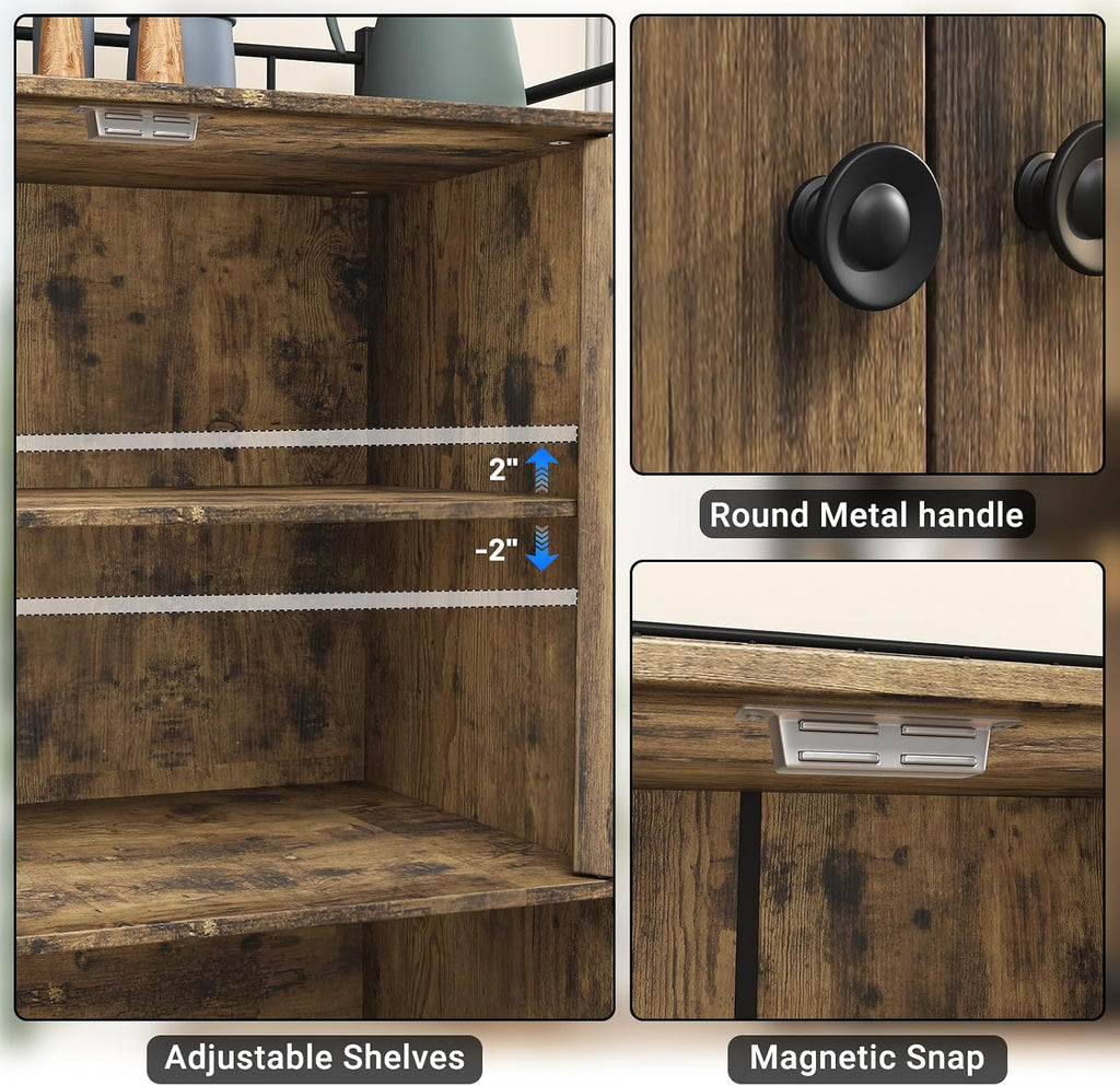 Industrial Style Kitchen Pantry Storage Cabinet, Brown Tall Kitchen Hutch with Microwave Stand, Food Pantry Cabinet with Side 6 Shelves and 2 Doors for Dining Room, Living Room
