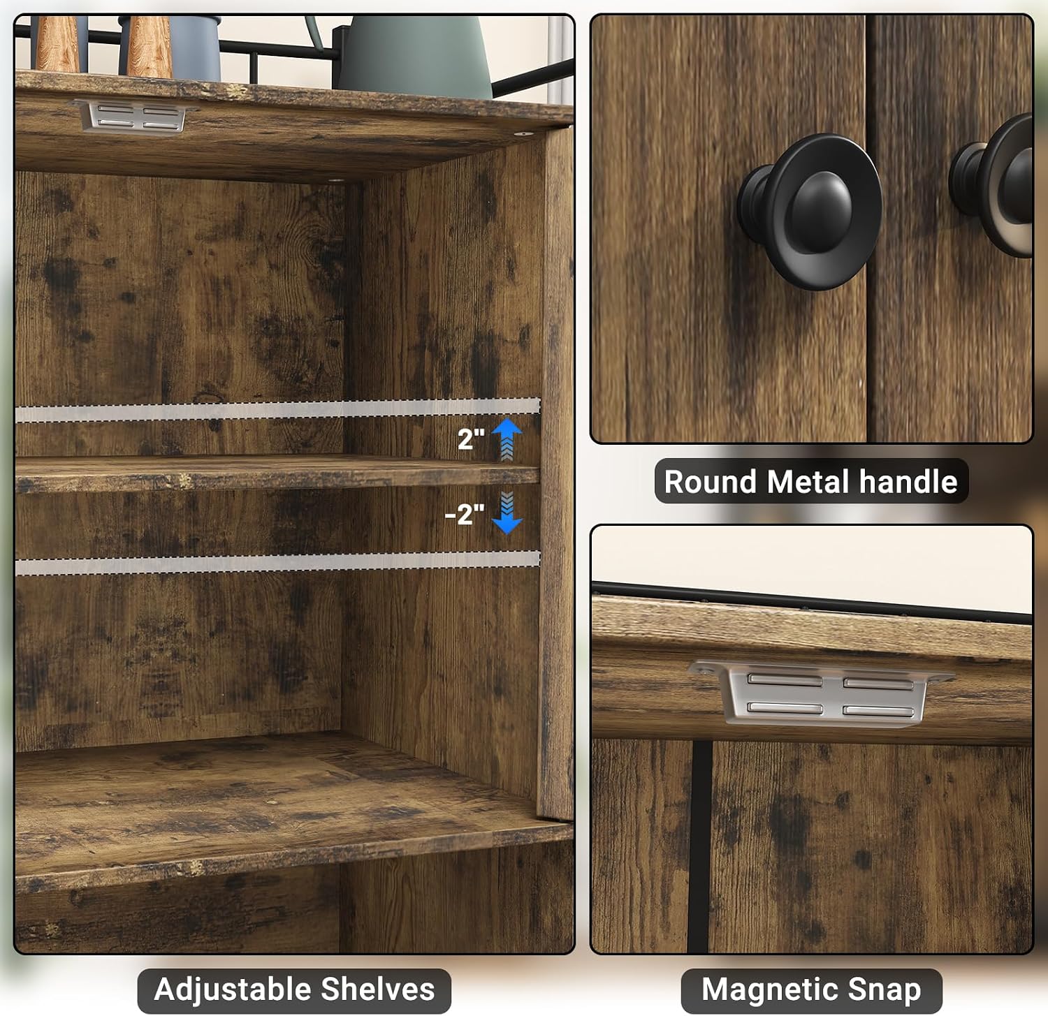 Industrial Style Kitchen Pantry Storage Cabinet, Brown Tall Kitchen Hutch with Microwave Stand, Food Pantry Cabinet with Side 6 Shelves and 2 Doors for Dining Room, Living Room
