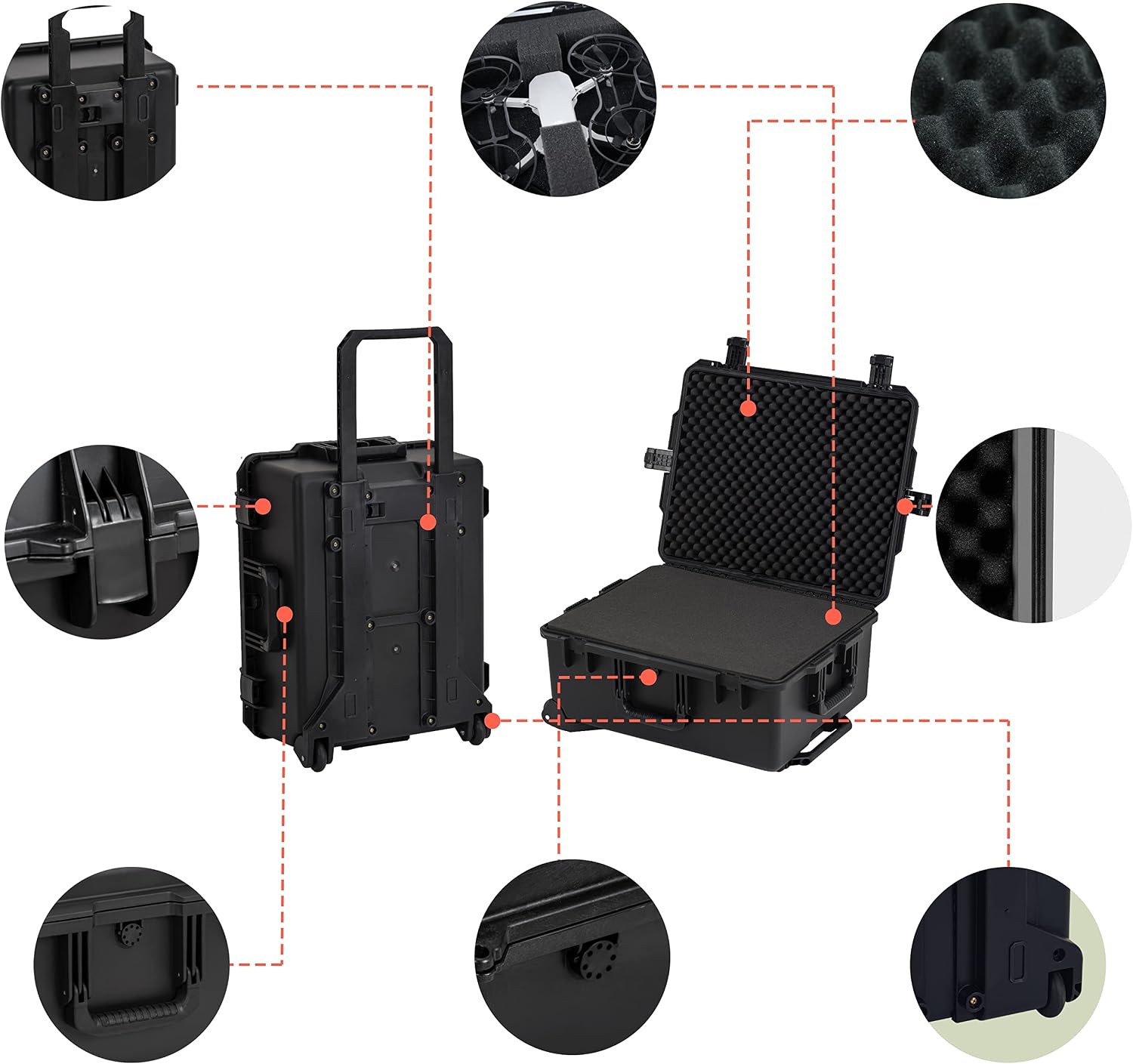 MEIJIA Portable All Weather Premium Rolling Wheels Waterproof Hard Compact Camera Case with Customizable Fit Foam,Pull Handle, 24.6'X19.7'X11.7',Black