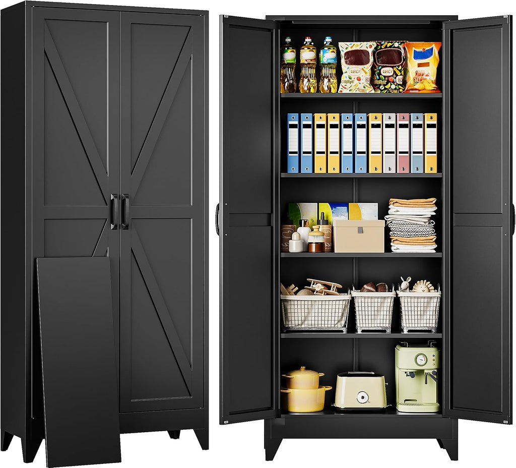 SISESOL 75' Tall Pantry Cabinet,Farmhouse Kitchen Pantry Storage Cabinets with 2 Doors and 4 Shelves,Black Metal Storage Cabinet,Large Cupboard for Home,Kitchen,Dining/Living Room