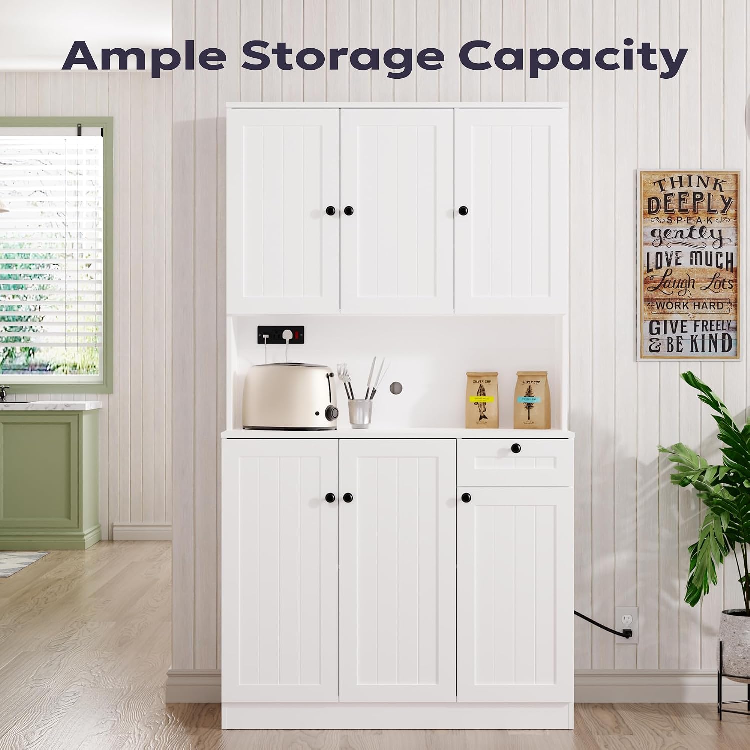 Furnify 71' H Pantry Cabinet with Charging Station, Tall Kitchen Pantry Storage Cabinet with Microwave Stand, Farmhouse Kitchen Hutch with Storage Drawer for Living Room, Dining Room, White