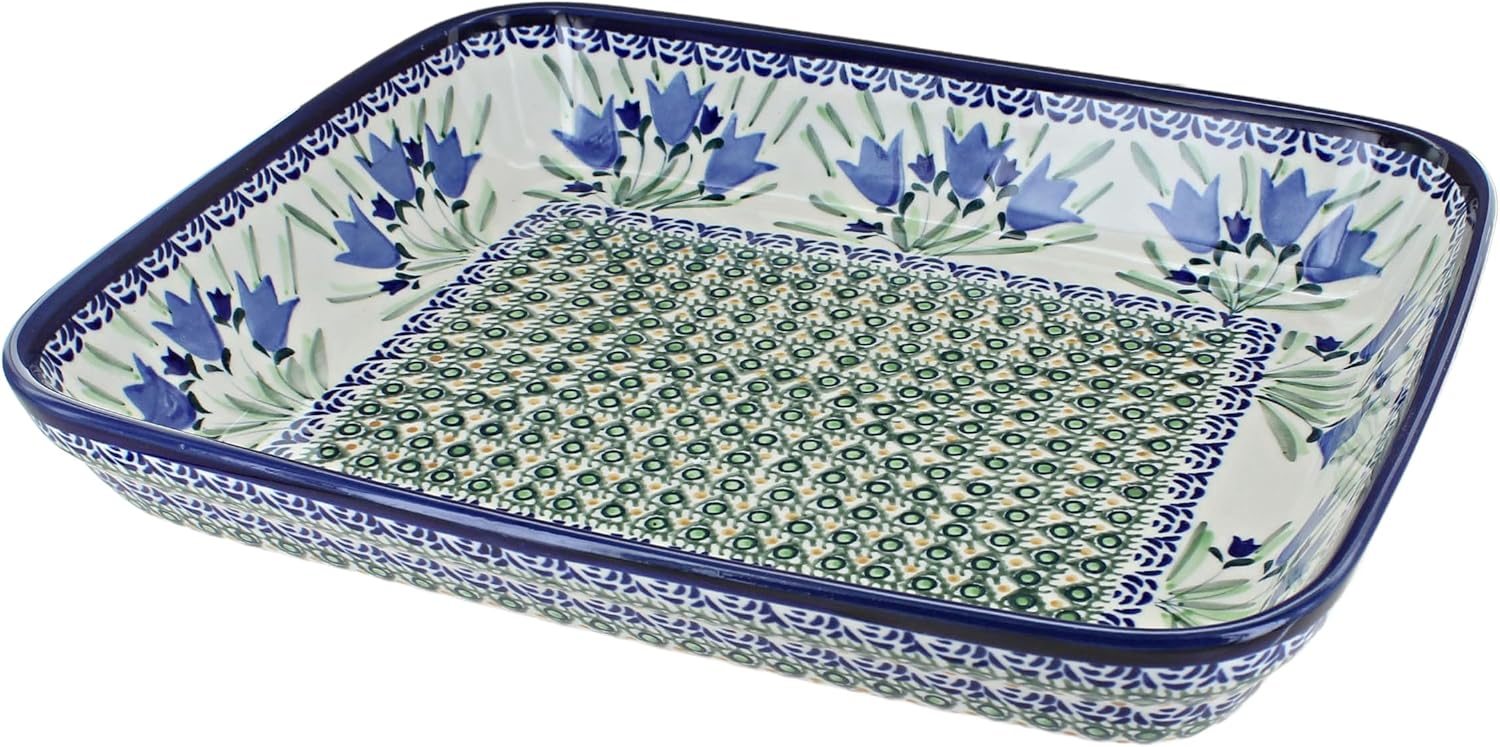 Blue Rose Polish Pottery - Blue Tulip Medium Rectangular Baker - 12' x 9.75' - Unique, Dishwasher Safe, & Durable Bakeware