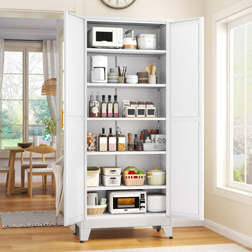 GAIOUS 75.2' Tall Metal Kitchen Pantry Storage Cabinets with 2 Door and 5 Adjustable Shelves, Cupboard for Kitchen, Dining Room, Living Room and Bathroom, White