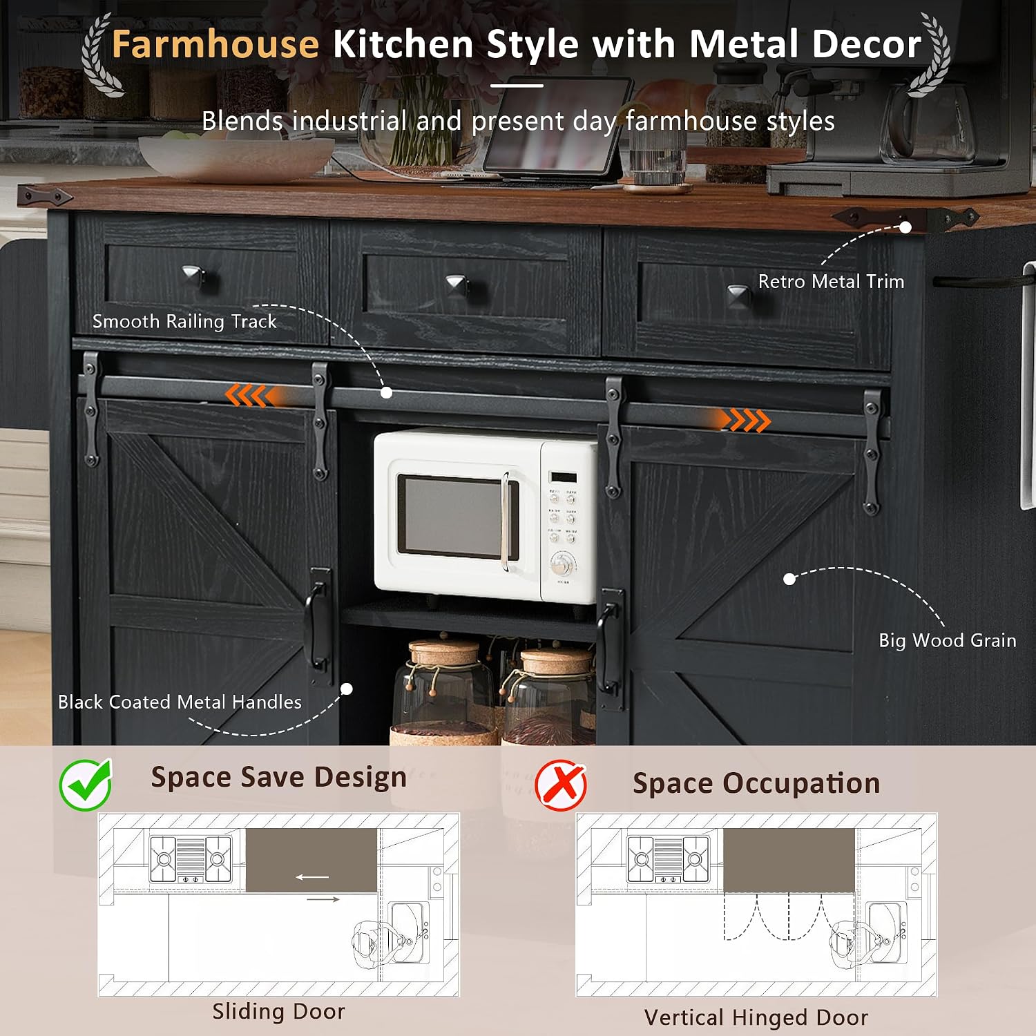 53.7' Farmhouse Rolling Kitchen Island Cart on Wheels with Power Outlet, Storage Island with Drop Leaf, Spice Rack, 2 Sliding Barn Door and Drawer for Dining Room Kitchens Living Room Black