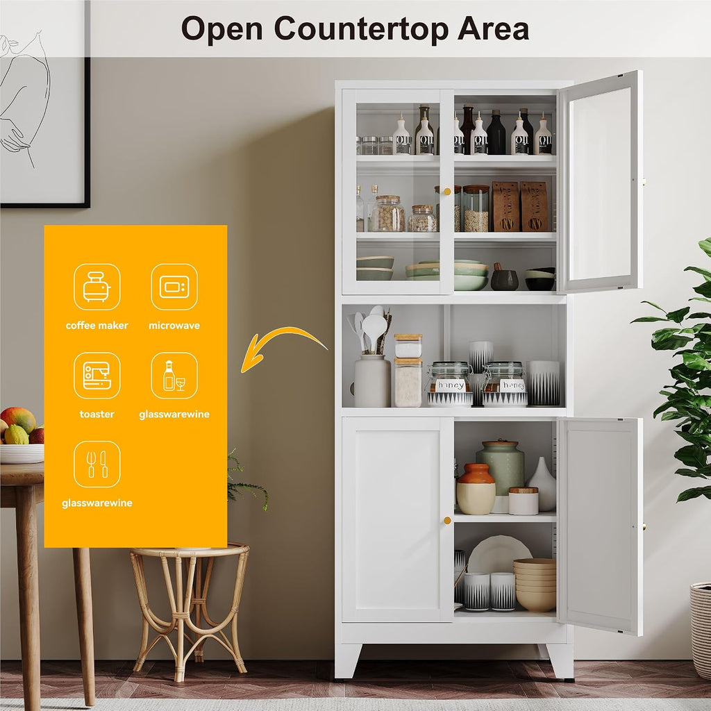 YAUWOH 69' Tall Metal Pantry Cabinet with Microwave Shelf, 2 Glass Doors & 3 Adjustable Shelves, 120LBS Per Shelf Heavy Duty Storage Cabinet with Anti-Tip Design for Kitchen,Dining Room (1PC,White)