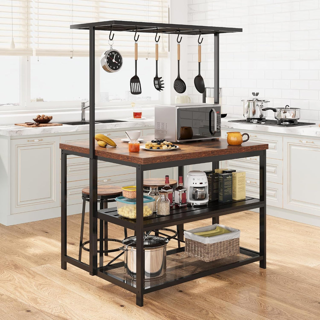 Kitchen Island with 3 Tier Storage Shelf, 42'' Wooden Island Table with Bakers Rack, Microwave Oven, 5 Hooks for Kitchen, Living Room, Dining Room, Modern Bar Table and Chairs Set for 2