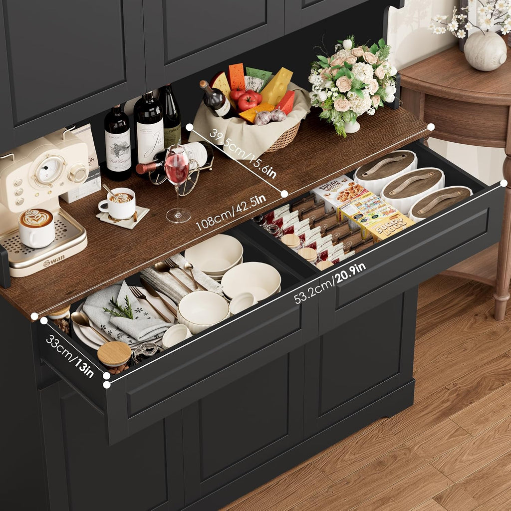FACBOTALL 74' Pantry Cabinet, Tall Kitchen Pantry Cabinet with 6 Doors and 2 Drawers, Kitchen Hutch with Wide Countertop, Modern Kitchens Cupboard with Adjustable Shelves and Charge Holes, Black