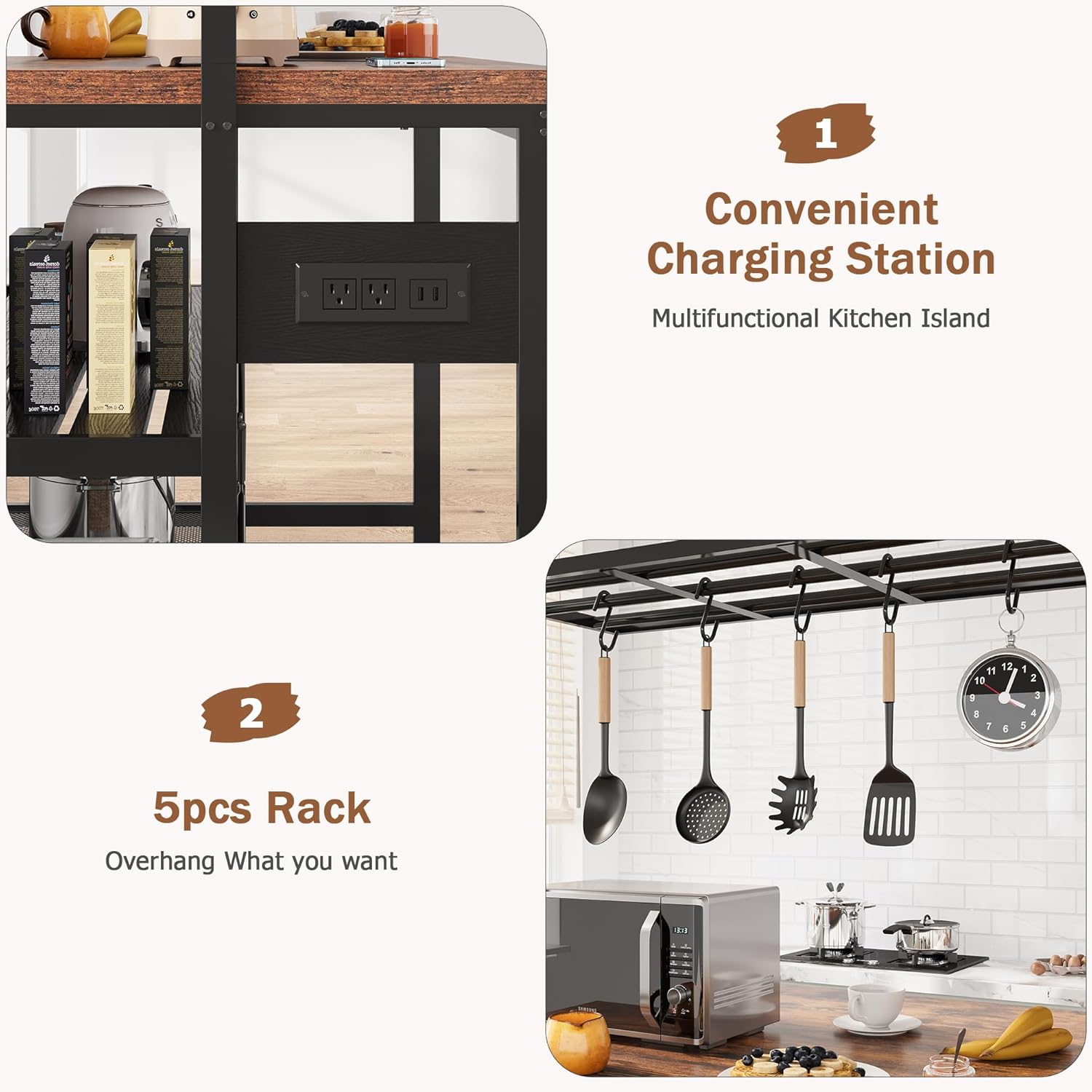 3-Tier Kitchen Island with Power Outlet & Storage Shelves – Industrial Bakers Rack – Microwave Stand with Hooks – Mobile Kitchen Cart Table – Perfect for Dining & Living Room