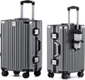 HotWay 24 Inch Aluminum Frame Luggage with Spinner Wheels, PC Hard Shell Suitcase with Cup Holder, Zipperless Luggage for Business Travel, Gray