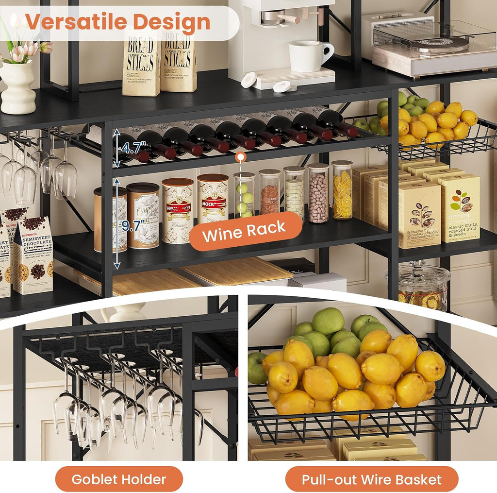 UPOSOJA 62.4in Large Bakers Rack with Power Outlet, Wide Kitchen Microwave Stand with Storage Shelves, 5-Tier Coffee Bar, Wine Rack, Goblet Holder, 8 Hooks, Wire Basket(Black, Large)