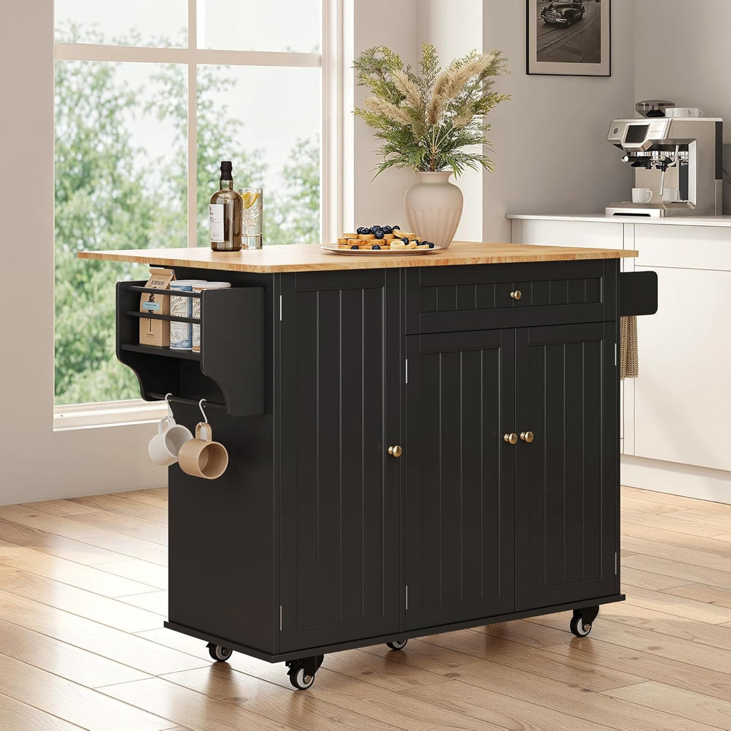 Ahomly Kitchen Island with Storage, Island Table for Kitchen with Drop Leaf, 5 Wheels, a Drawer, Spicy Rack and Towel Bar, Black