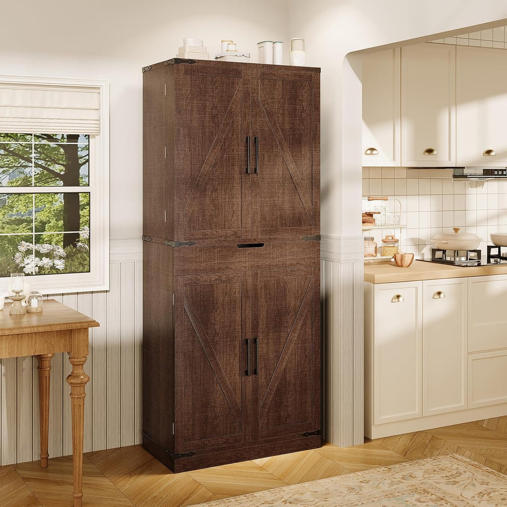 GRUSIGN 72' Kitchen Pantry Storage Cabinet with Doors and Shelves, Wood Farmhouse Pantry Storage with Barn Doors for Kitchen, Dining Room, Living Room, Dark Brown