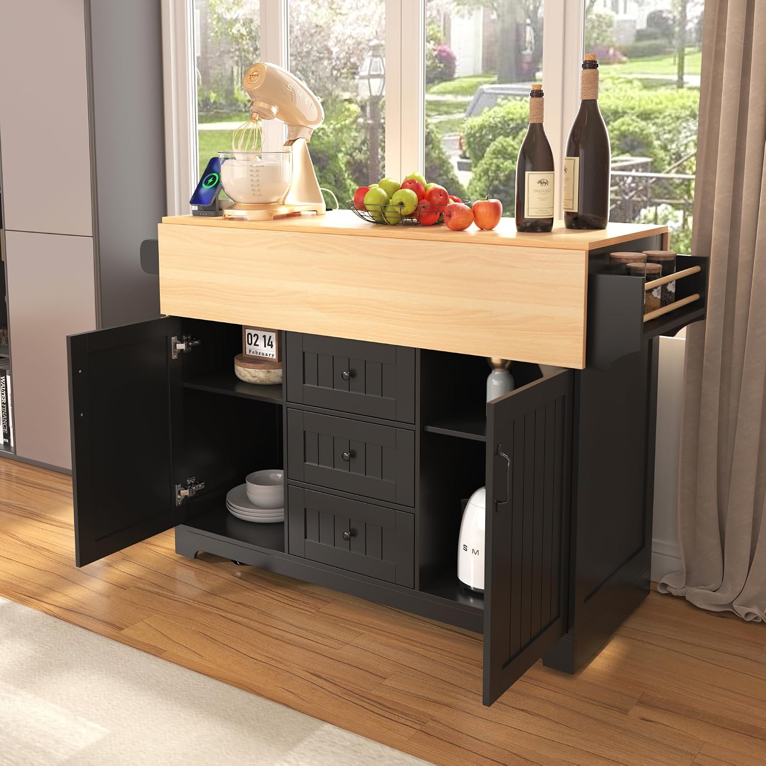 55.7' Large Rolling Kitchen Island Cart On 5 Wheels with 2 Drop Leaf, Power Outlet, Folding Storage Dining Table with Spice & Towel Rack, 3 Drawers, for Kitchen, Dining Room, Black