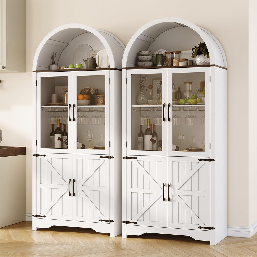 Maupvit Arched Wine Cabinet with Glass Door, 72' Tall Coffee Bar Cabinets with Wine Rack, Liquor Cabinet for Home, Kitchen Pantry Cupboard for Dining Living Room (White)