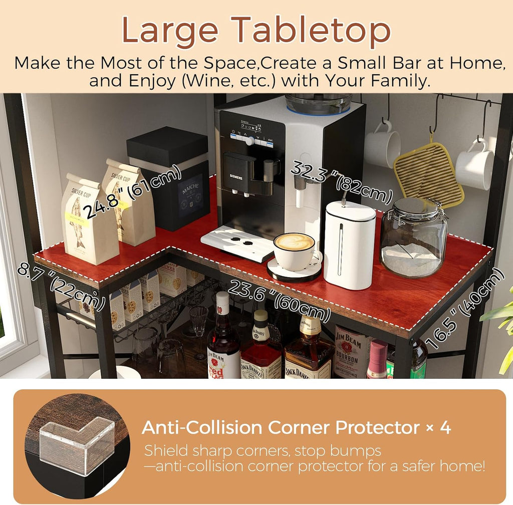 L-Shaped Bakers Rack with Power Outlet,4-Tier Corner Microwave Stand with Storage,Coffee Bar Station with 6 Hooks, Kitchen Shelf with 2 Installation Methods,for Living Room,Office,Rustic Brown