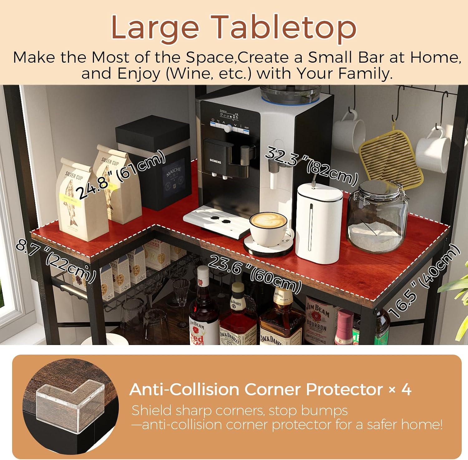 L-Shaped Bakers Rack with Power Outlet,4-Tier Corner Microwave Stand with Storage,Coffee Bar Station with 6 Hooks, Kitchen Shelf with 2 Installation Methods,for Living Room,Office,Rustic Brown