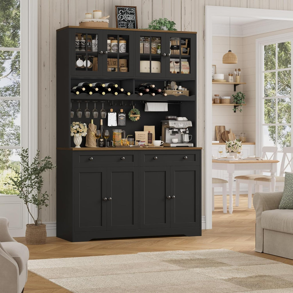 HOSTACK 75.4' Tall Kitchen Pantry Cabinet with Charging Station, Modern White Kitchen Hutch with Microwave Stand and Wine Rack, Large Food Pantry Storage Cabinet with Glass Doors and Drawers, Black