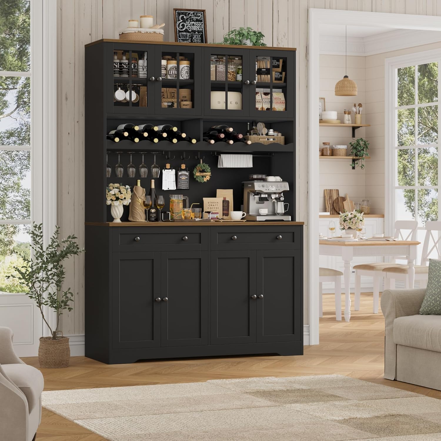 HOSTACK 75.4' Tall Kitchen Pantry Cabinet with Charging Station, Modern White Kitchen Hutch with Microwave Stand and Wine Rack, Large Food Pantry Storage Cabinet with Glass Doors and Drawers, Black
