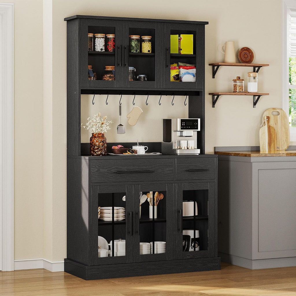 YITAHOME 71'' Kitchen Pantry Storage Cabinet with Microwave Stand, Tall Freestanding Hutch Cabinet with Power Outlet, Pantry Cabinets with Buffet Cupboard, Drawers and Acrylic Doors for Home, Black