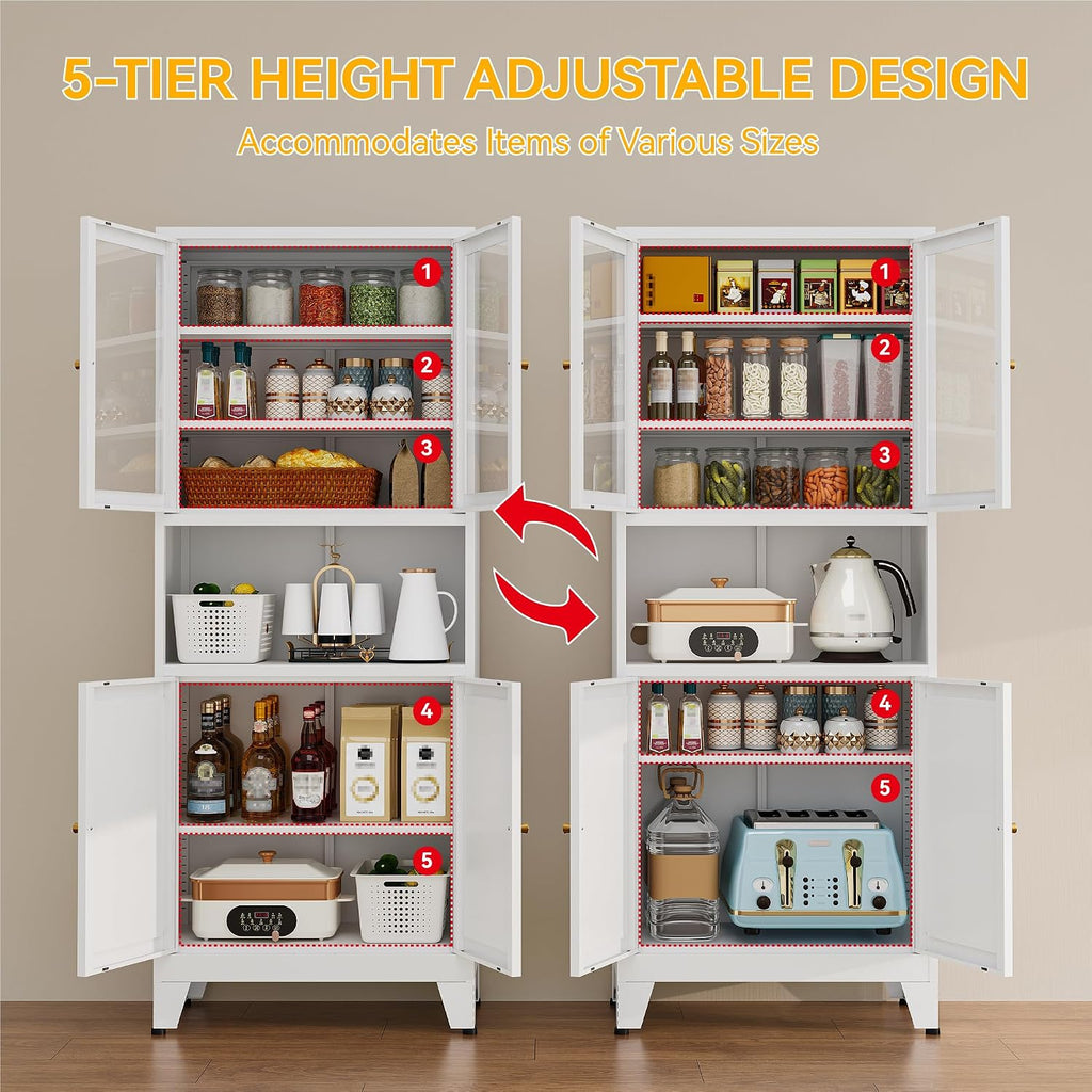 YAUWOH 69' Tall Metal Pantry Cabinet with Microwave Shelf, 2 Glass Doors & 3 Adjustable Shelves, 120LBS Per Shelf Heavy Duty Storage Cabinet with Anti-Tip Design for Kitchen,Dining Room (1PC,White)