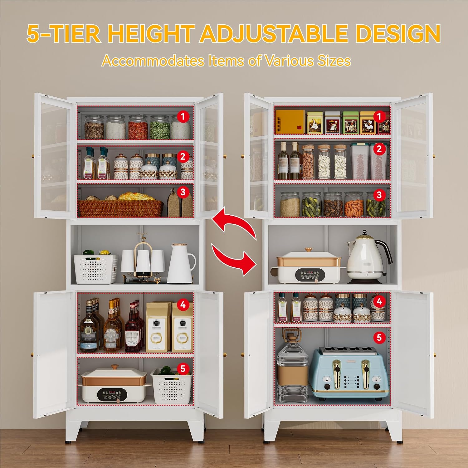 YAUWOH 69' Tall Metal Pantry Cabinet with Microwave Shelf, 2 Glass Doors & 3 Adjustable Shelves, 120LBS Per Shelf Heavy Duty Storage Cabinet with Anti-Tip Design for Kitchen,Dining Room (1PC,White)
