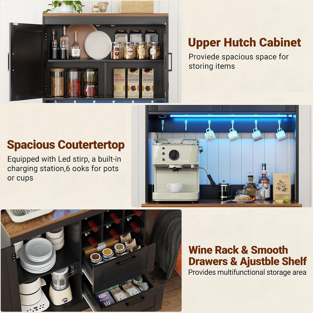 Unikito 72' Tall Pantry Cabinet, Kitchen Pantry Storage Cabinet with LED Light & Outlet, 63' Wide Kitchen Hutch Bar with Microwave Stand, Drawers, Wine Rack & Shelves for Dining Room, Black and Rustic