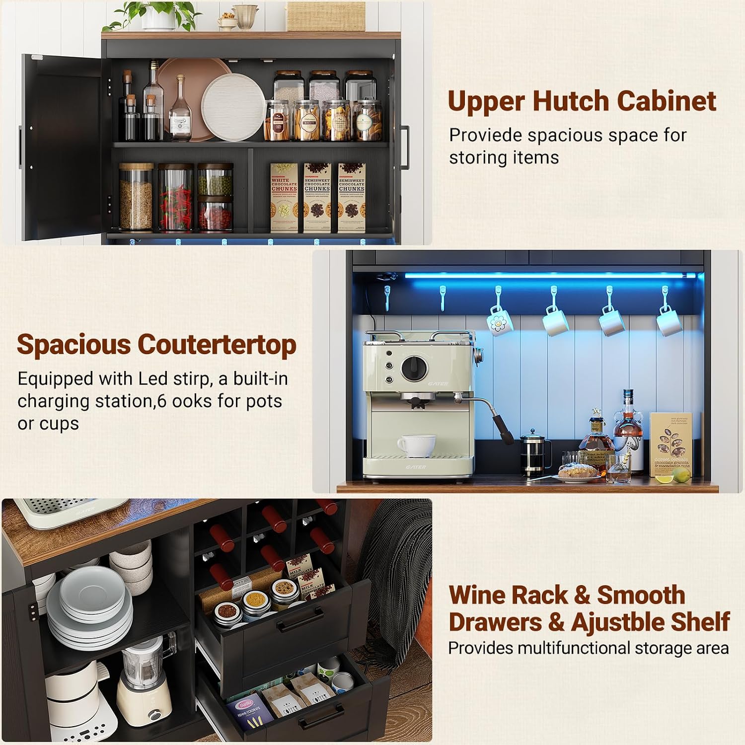 Unikito 72' Tall Pantry Cabinet, Kitchen Pantry Storage Cabinet with LED Light & Outlet, 63' Wide Kitchen Hutch Bar with Microwave Stand, Drawers, Wine Rack & Shelves for Dining Room, Black and Rustic