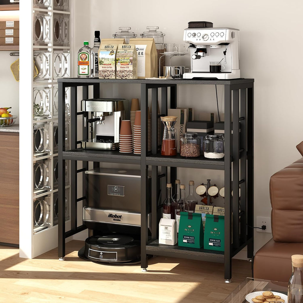 METYERRY Adjustable Mini Fridge Cabinet with Power Outlet,Kitchen Bakers Rack with Storage,Mini Fridge and Microwave Stand, Suitable for Office,Coffee Bar,Living Room, Dorm,Patio,Black