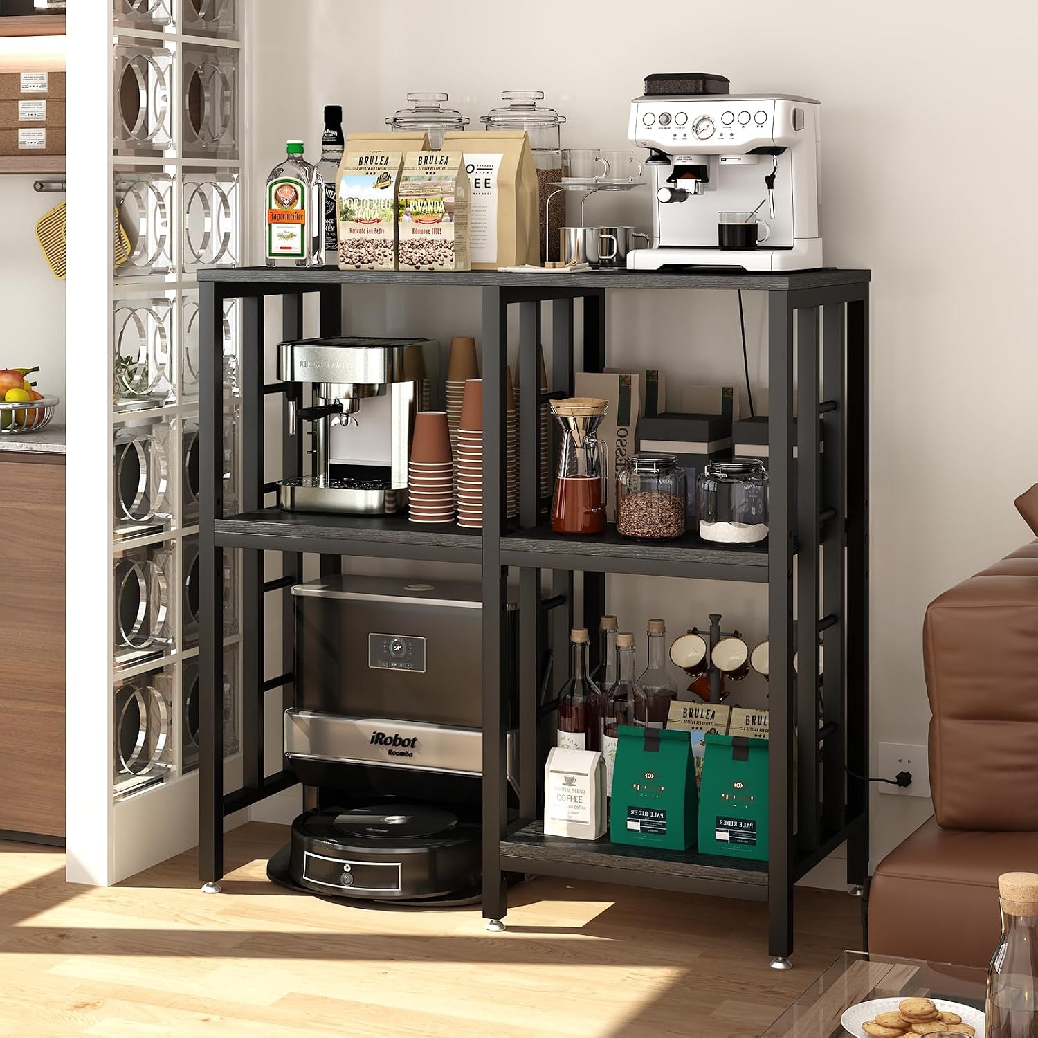 METYERRY Adjustable Mini Fridge Cabinet with Power Outlet,Kitchen Bakers Rack with Storage,Mini Fridge and Microwave Stand, Suitable for Office,Coffee Bar,Living Room, Dorm,Patio,Black