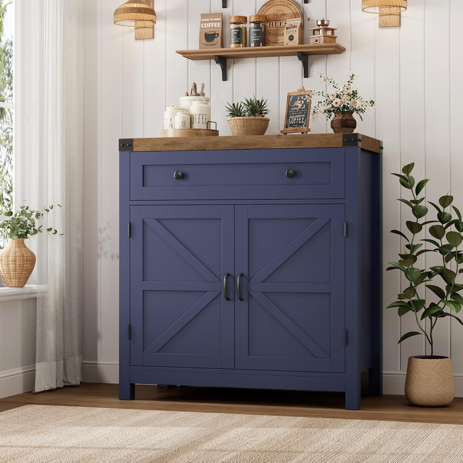 HOSTACK Coffee Bar Cabinet, Kitchen Storage Cabinet, Modern Farmhouse Buffet Sideboard with Drawer & Adjustable Shelf, Barn Door Accent Cabinets for Kitchen, Dining Room, Entryway, Blue/Rustic Brown