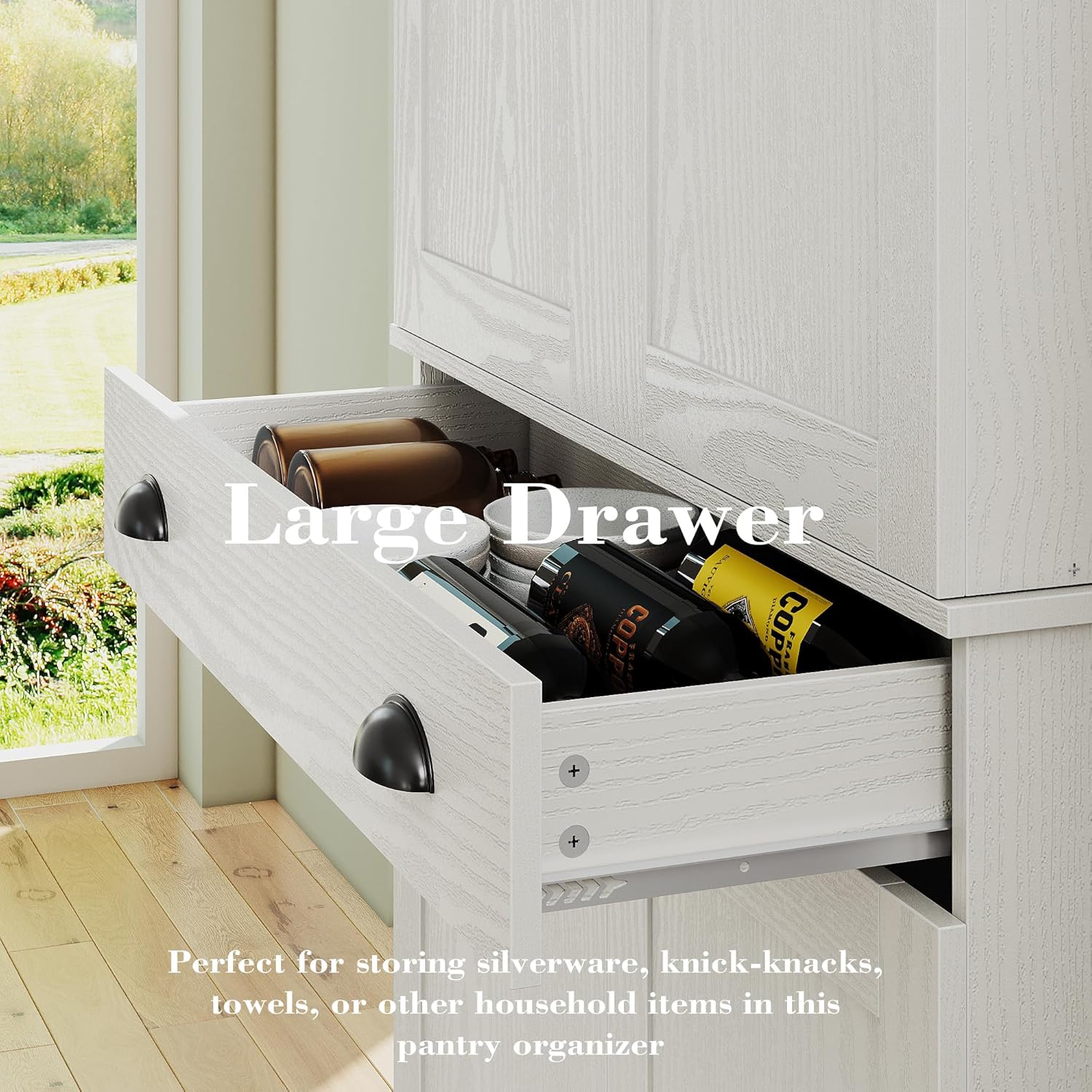 IRONCK Kitchen Pantry Cabinet 72' Height, Freestanding Cupboard with Drawer, Sliding Storage Rack, and 6 Hanging Shelves for Dining Room, Laundry, White